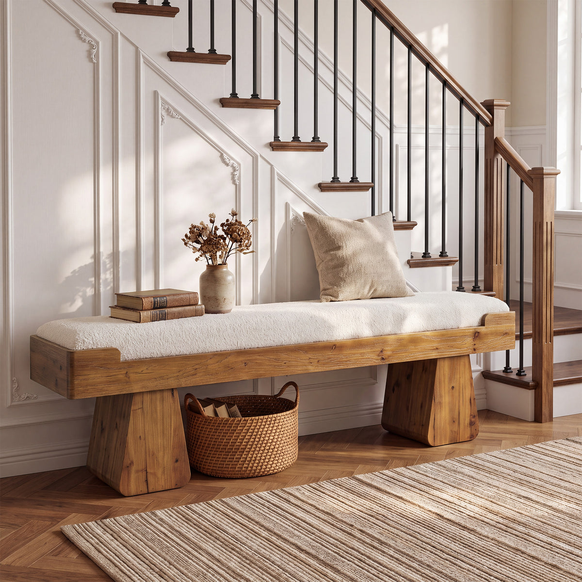 55" Upholstered Solid Wood Entryway Bench, Farmhouse Shoe Bench with Cushion for Hallway