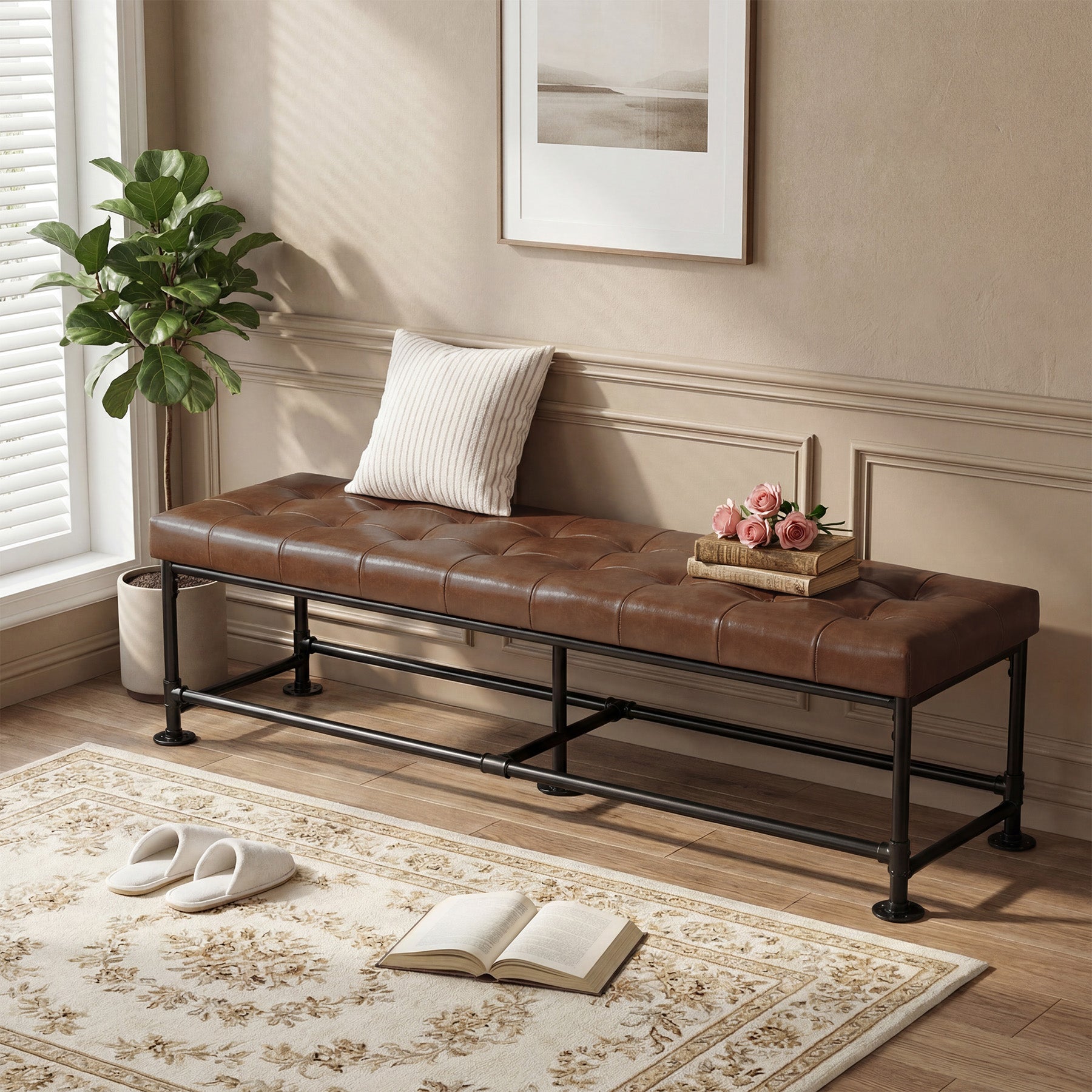 63" Upholstered Entryway Bench with Faux Leather Cushion, Industrial Shoe Bench for Hallway, Foyer & Living Room