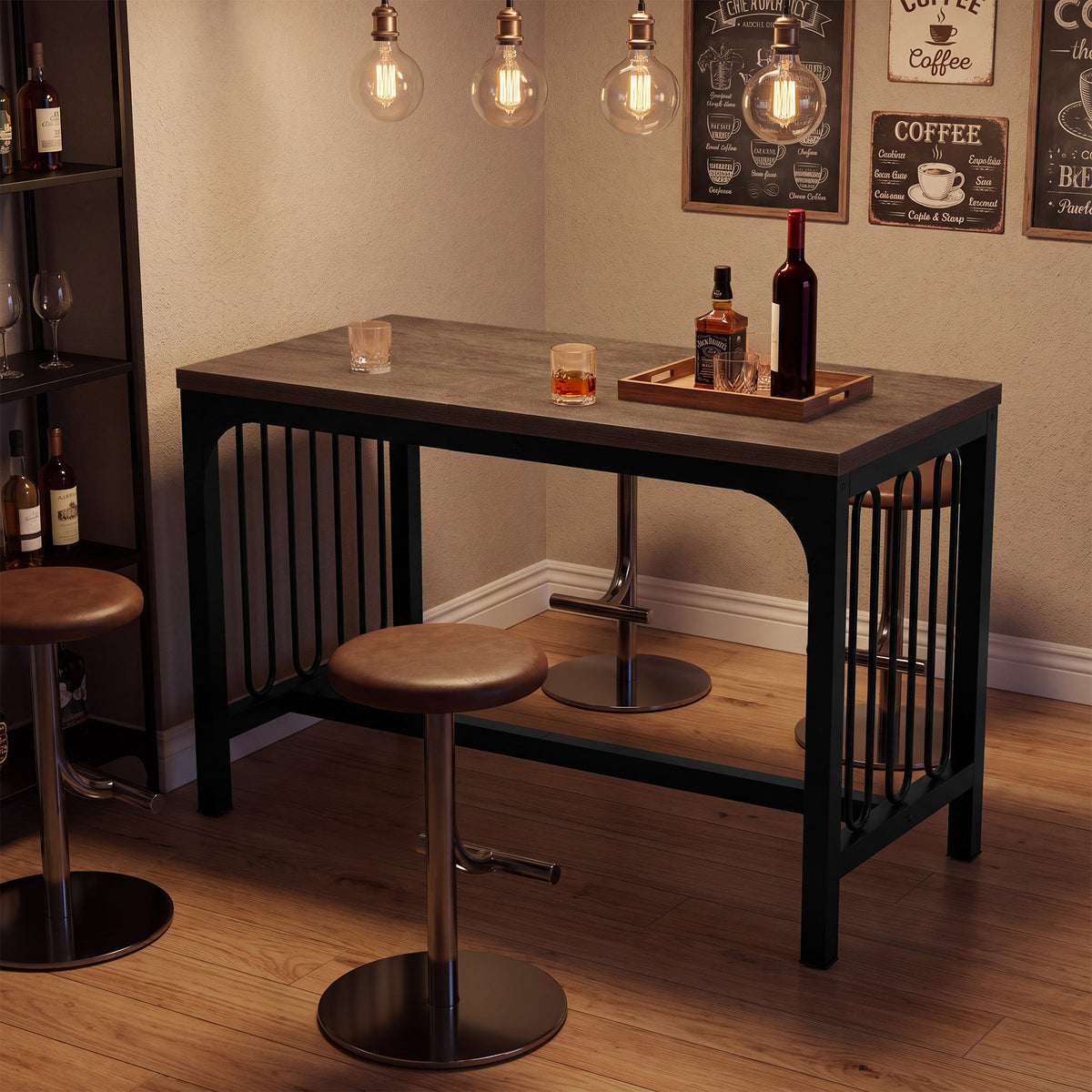 63" Bar Table, Industrial Counter-Height Pub Table with Metal Frame for Home Bar
