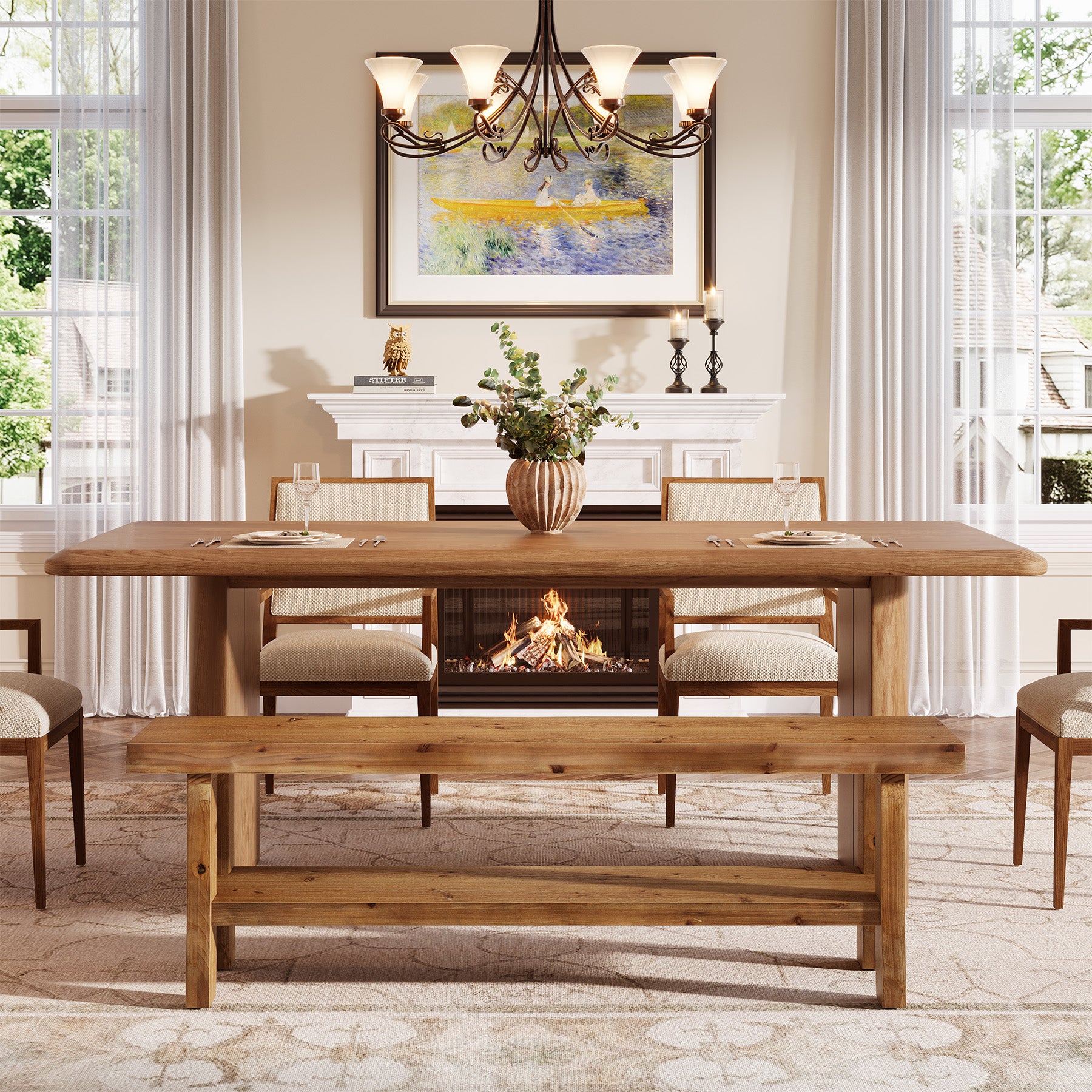 Solid Wood Dining Bench, 55" Farmhouse Kitchen Bench with Storage
