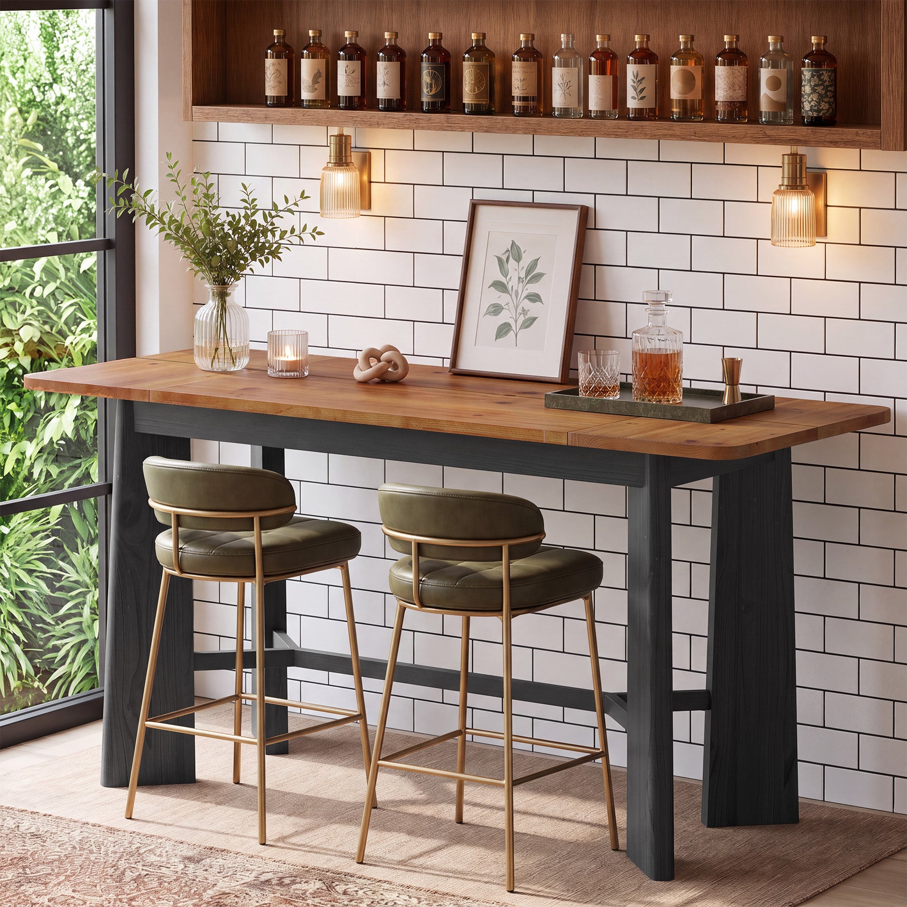 59" Solid Wood Home Bar Table, Seats 4-6, Counter Height, Kitchen Balcony Pub Table