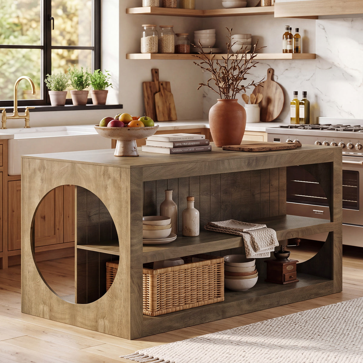 63" Farmhouse Kitchen Island with Seating, 3-Tier Storage, Large Countertop, Dining Room Table