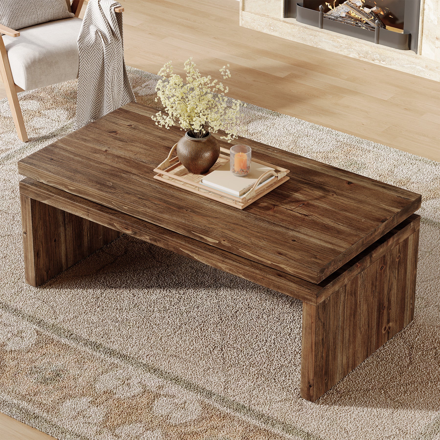 47" Solid Wood Coffee Table, Farmhouse Rectangle Cocktail Table with Thick Tabletop for Living Room