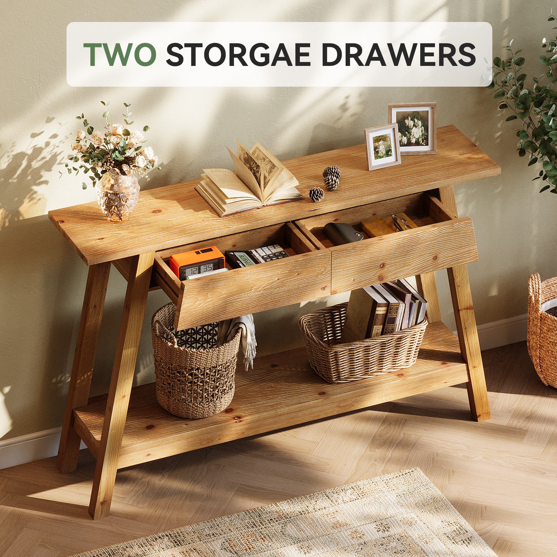 43.3" Solid Wood Console Table with 2 Drawers, Narrow Entryway Sofa Table with Shelf Storage