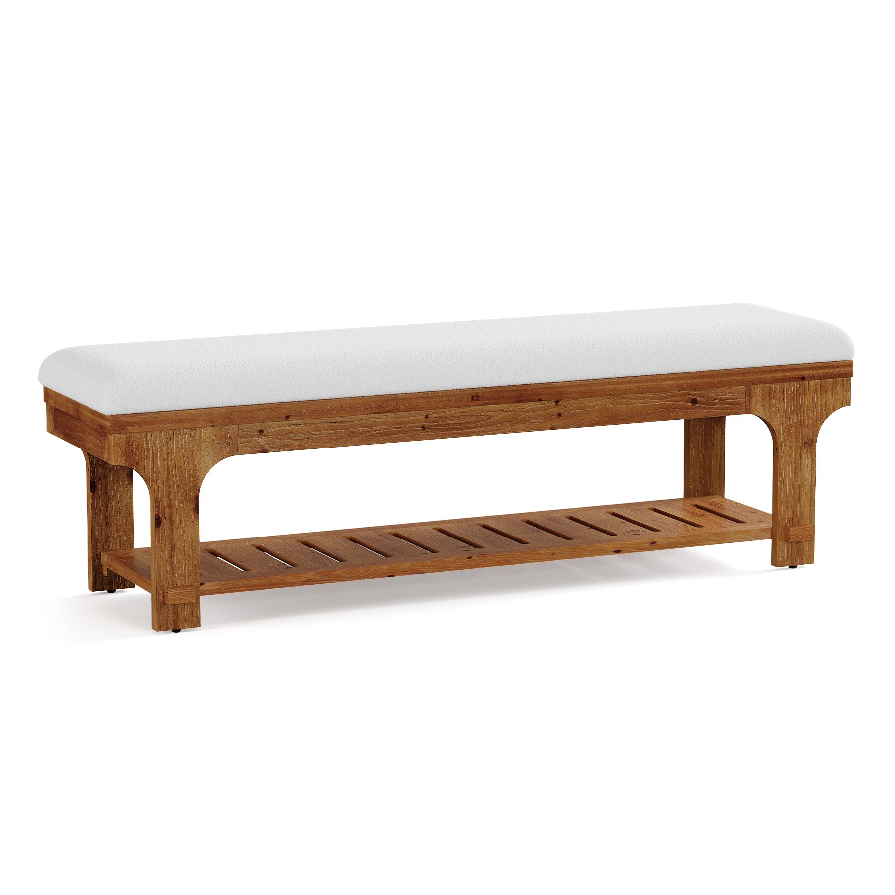 59" End of Bed Bench with Boucle Cushion & Storage Shelf, Rustic Solid Wood, Bedroom Hallway