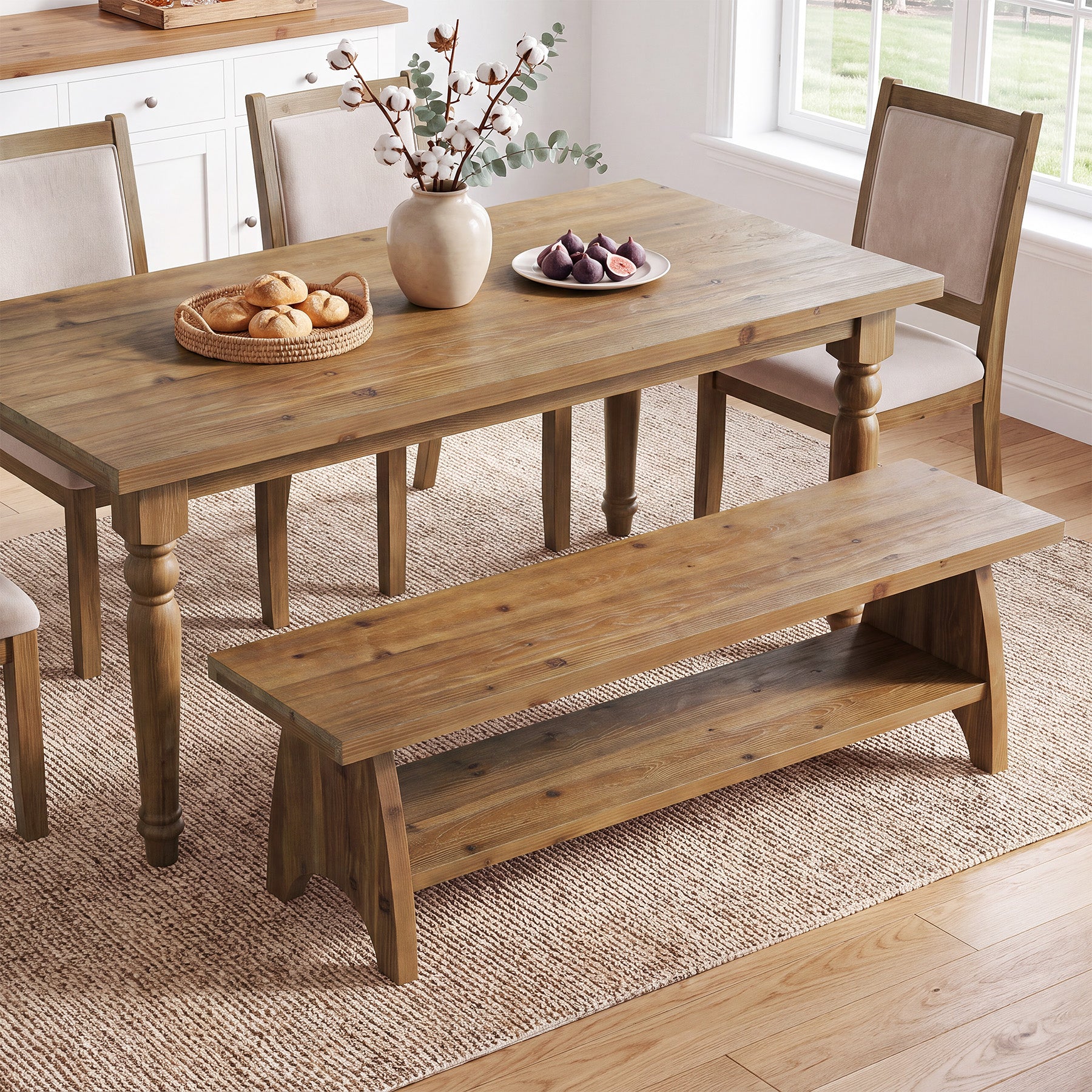 55" Farmhouse Dining Bench, Open Storage Shelf, Solid Wood Kitchen Table Bench