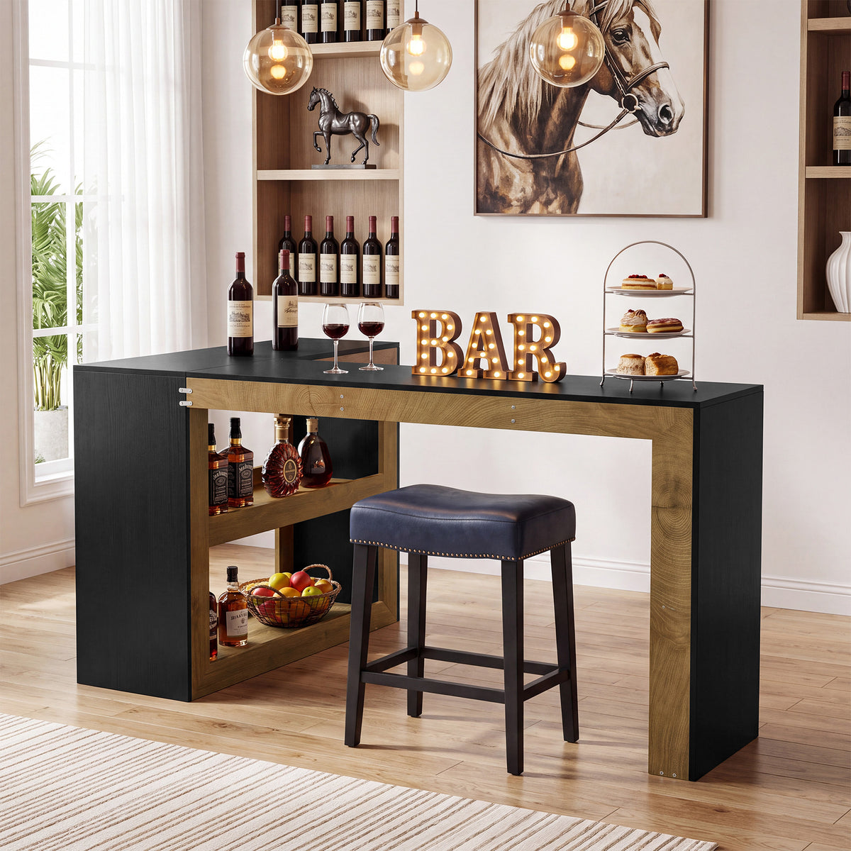 L-Shaped Bar Table, Modern Counter-Height Table with Storage Shelves for kitchen