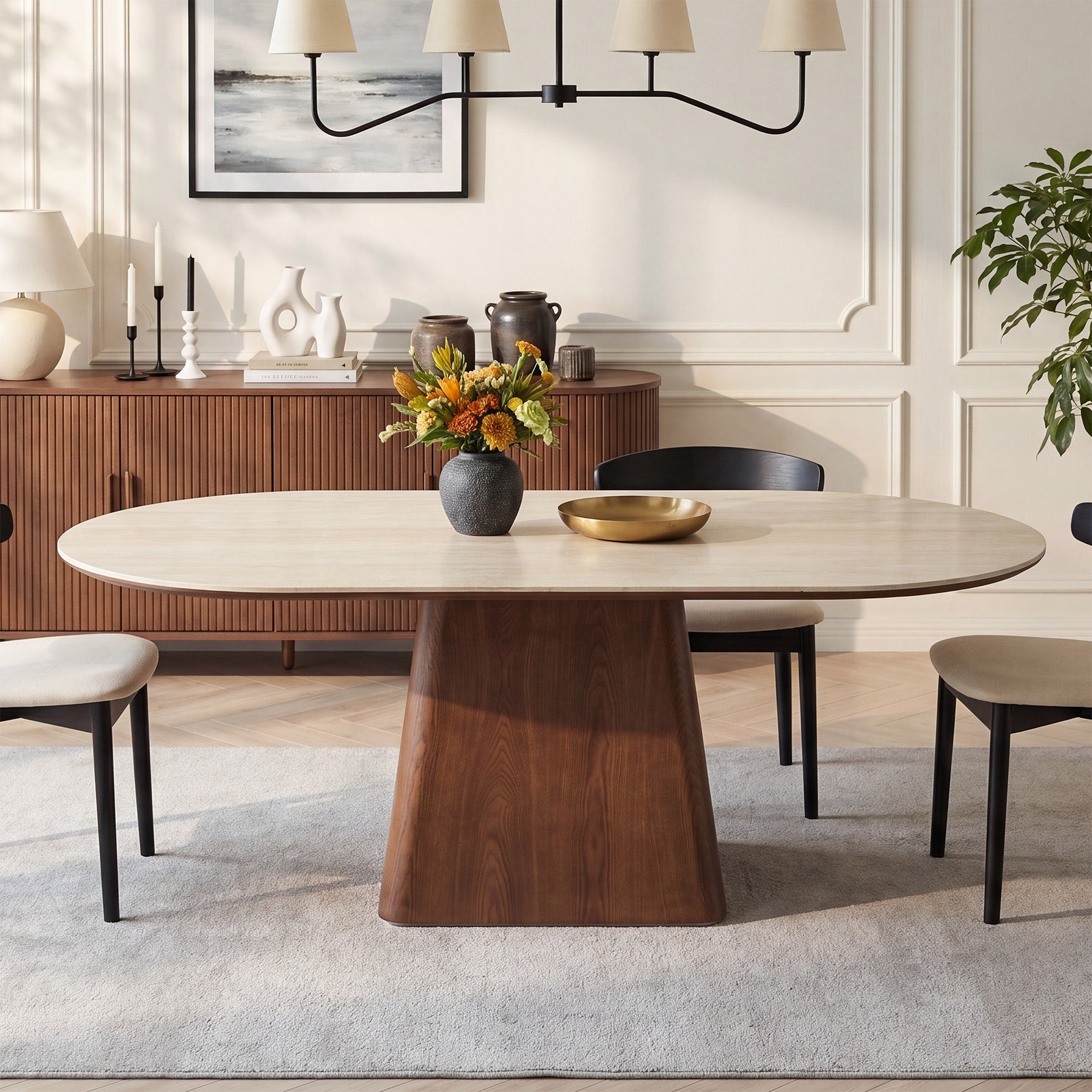 63" Oval Sintered Stone Dining Table with Solid Wood Pedestal Base for 4-6