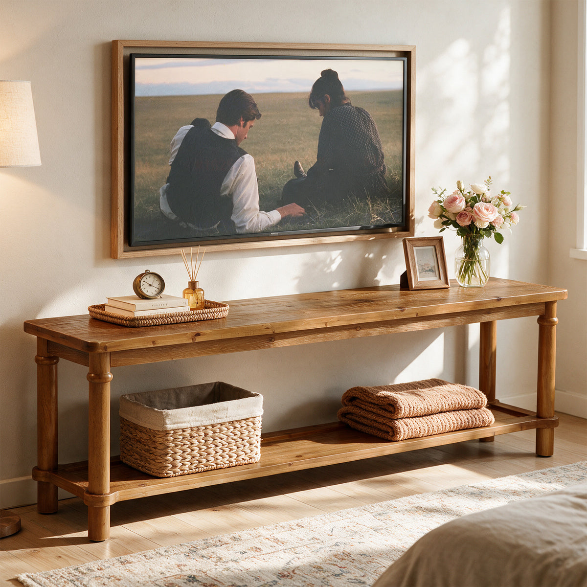 63" Solid Wood TV Stand for up to 75" TVs, 2-Tier TV Console Table with Open Shelf