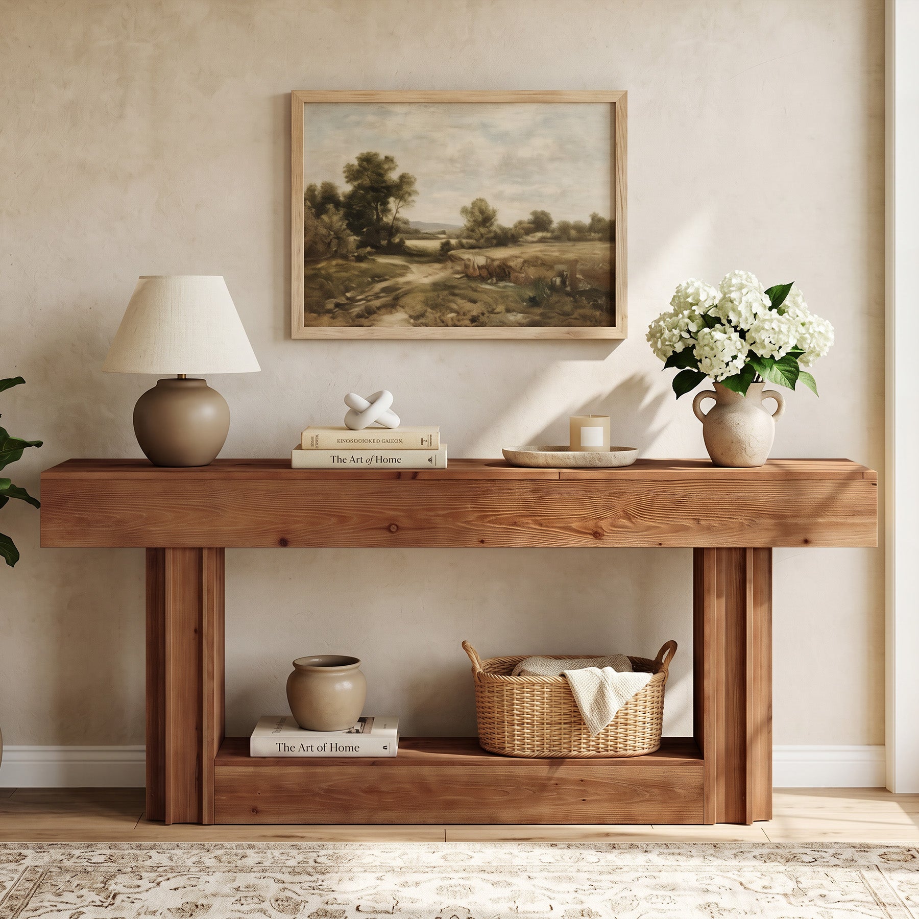 63" Solid Wood Console Table, 2-Tier Farmhouse Sofa Entryway Table with Shelf