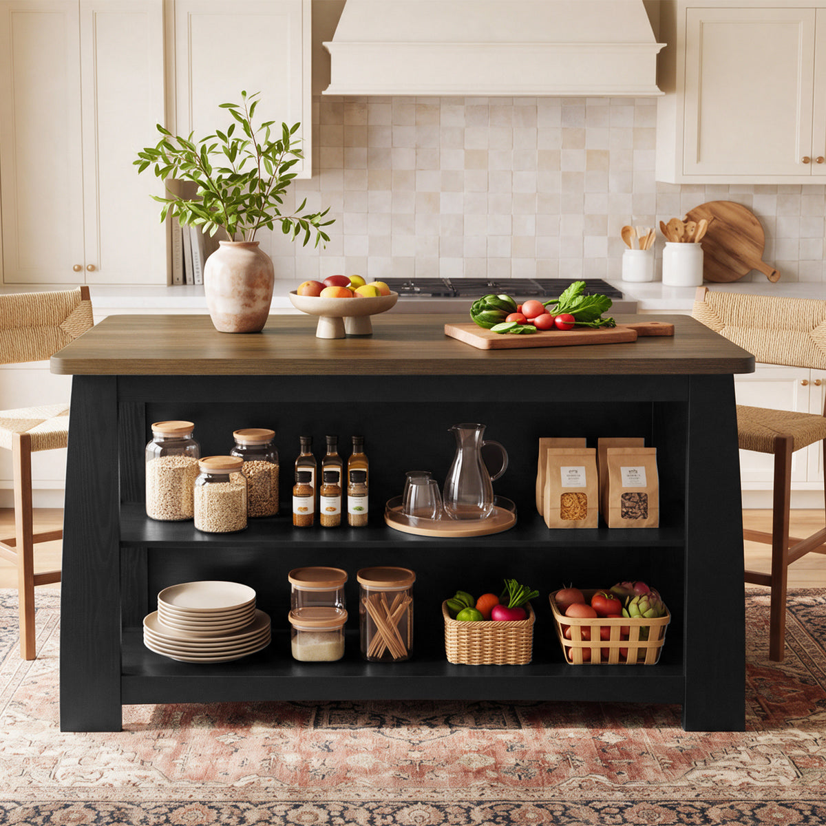 55" Farmhouse Wooden Kitchen Island with Seating Space & 2-Tier Open Storage