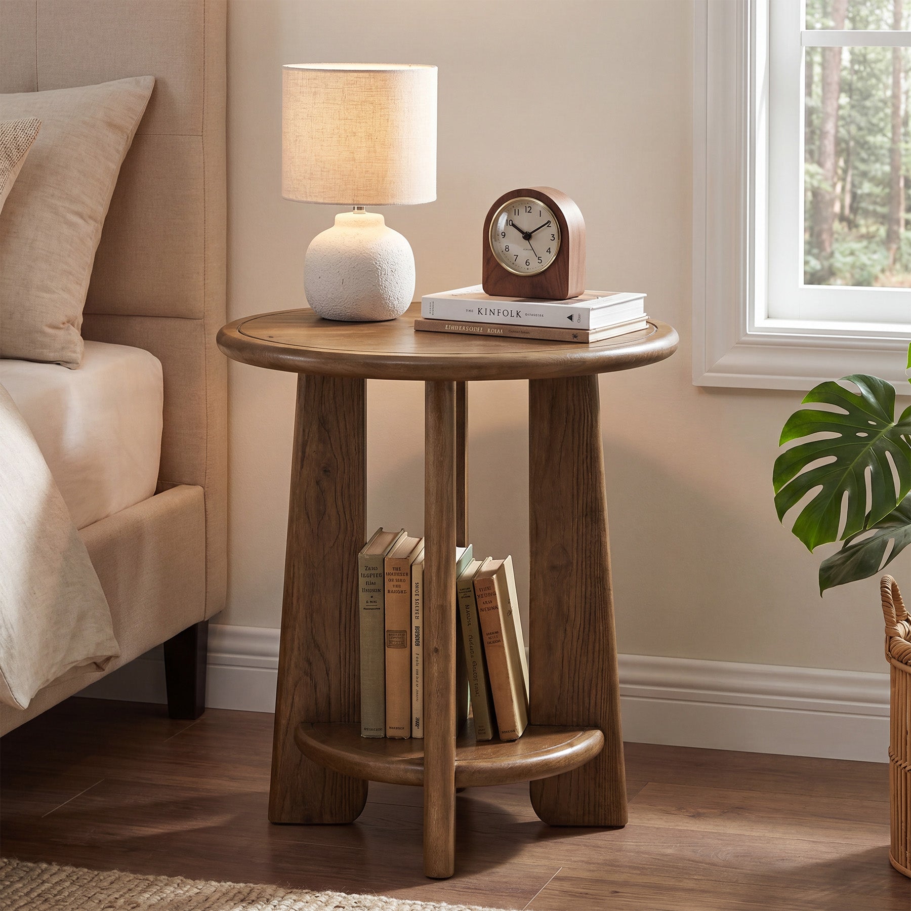 Round Solid Wood End Table, 2-Tier Side Table Nightstand with Shelf for Small Space