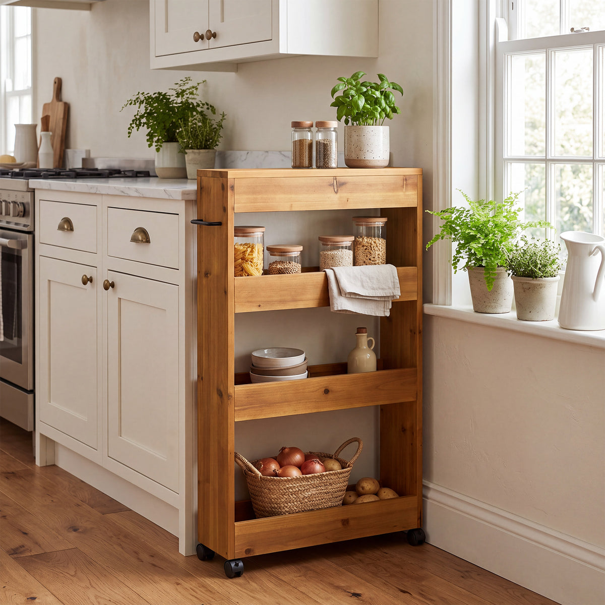 Solid Wood Kitchen Cart, Rolling Kitchen Trolley with 4-Tier Storage for Small Spaces