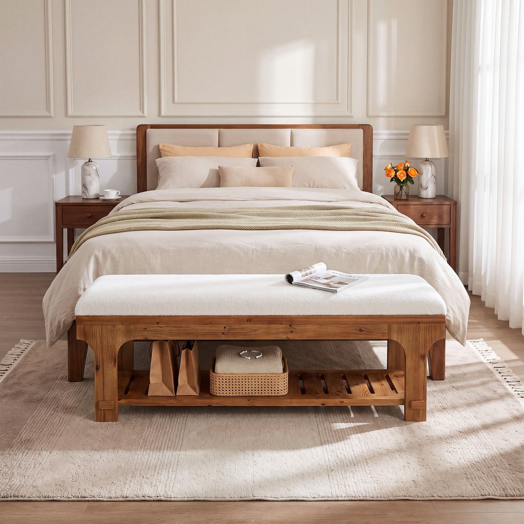 59" End of Bed Bench with Boucle Cushion & Storage Shelf, Rustic Solid Wood, Bedroom Hallway
