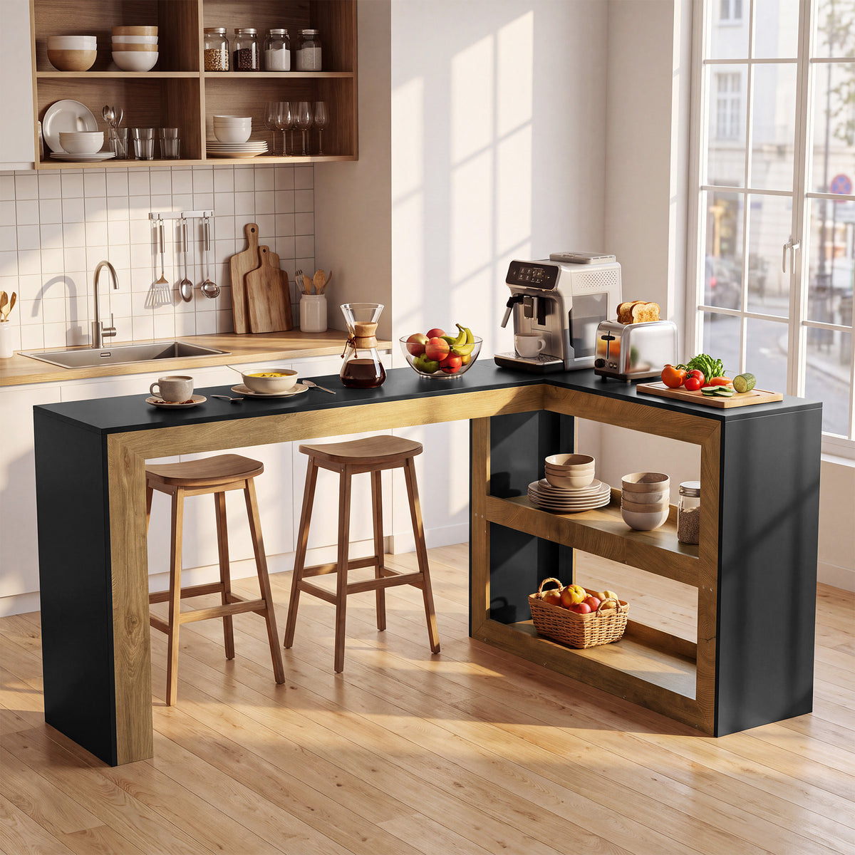 L-Shaped Bar Table, Modern Counter-Height Table with Storage Shelves for kitchen