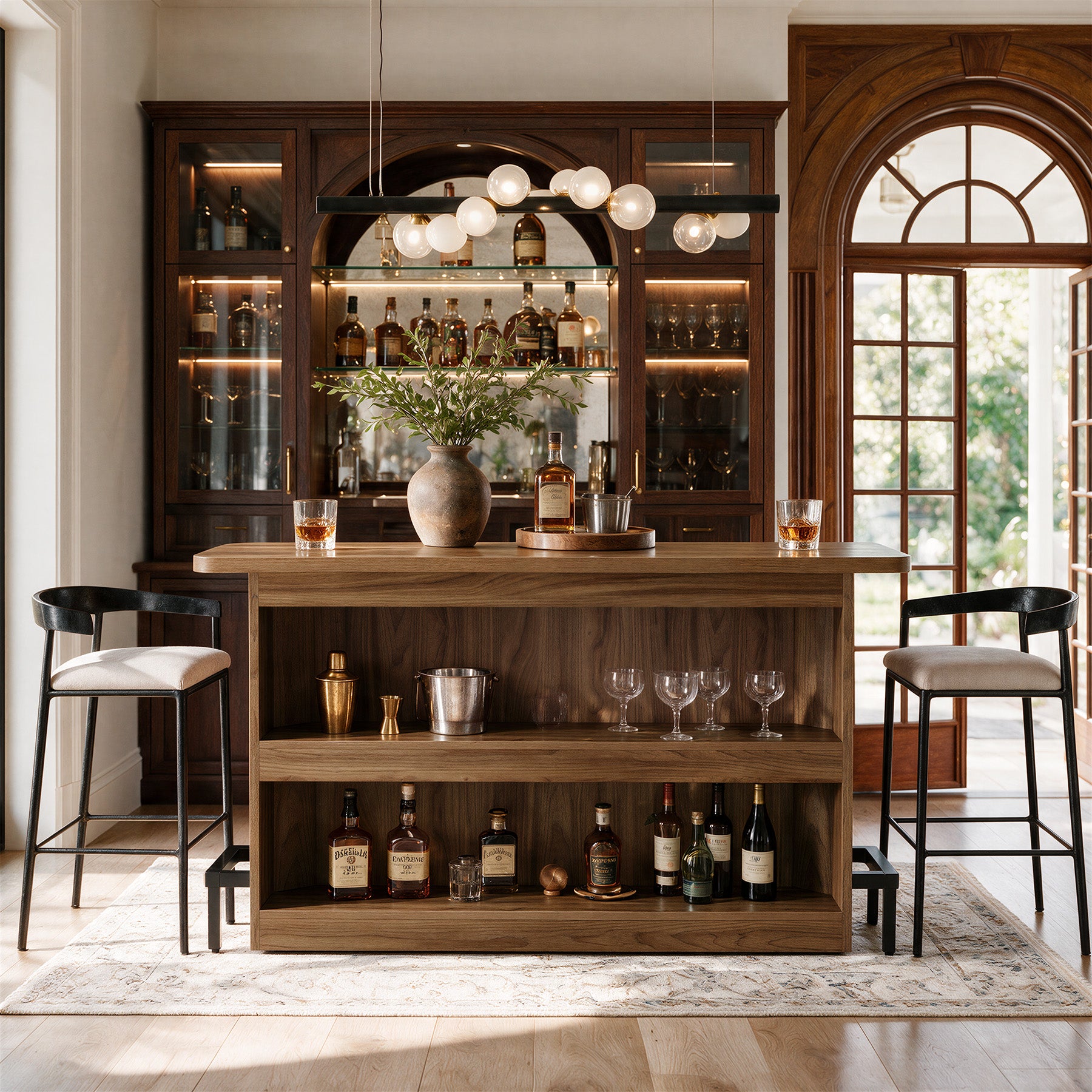63" Bar Table with Storage Shelves, Modern Mini Home Bar Unit with Metal Footrest