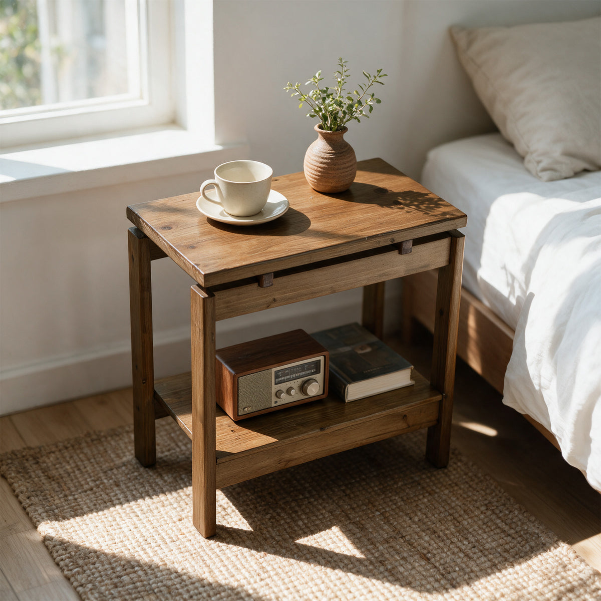 24" Narrow Solid Wood 2-Tier End Table, Small Nightstand Bedside Table, Bedroom