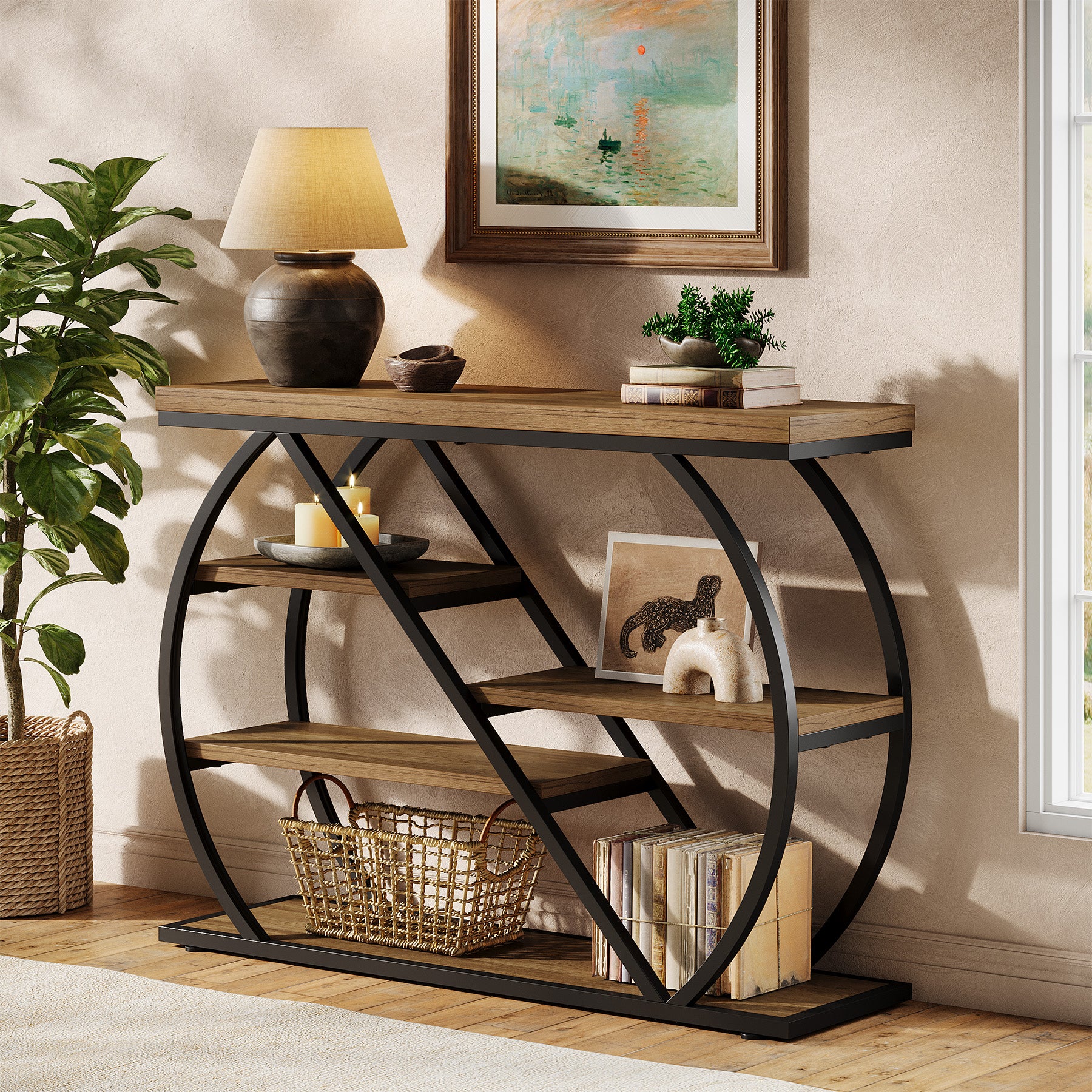 41.3" Industrial Console Table with 5 Staggered Shelves, Arched Metal Frame Entryway & Sofa Table