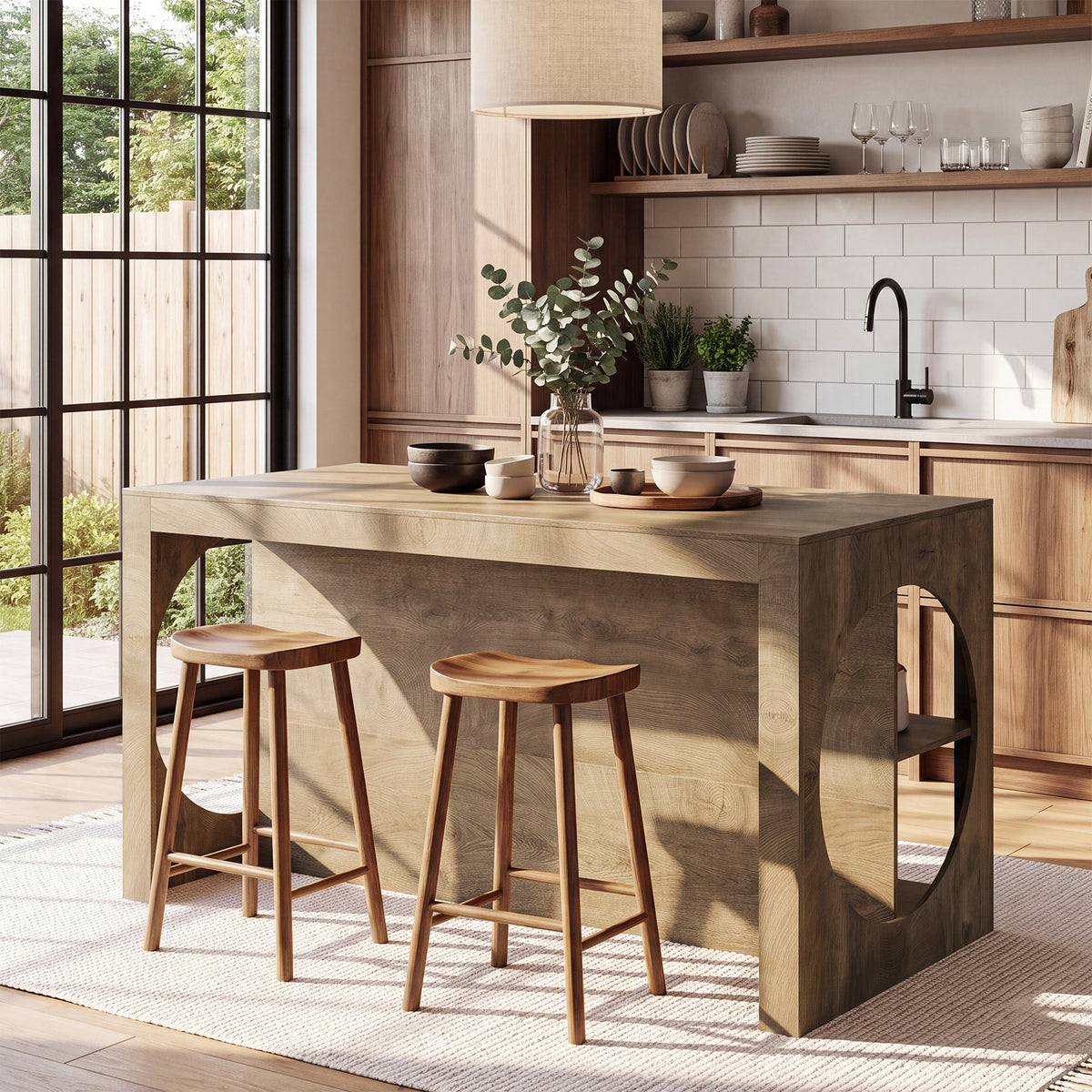 63" Farmhouse Kitchen Island with Seating, 3-Tier Storage, Large Countertop, Dining Room Table