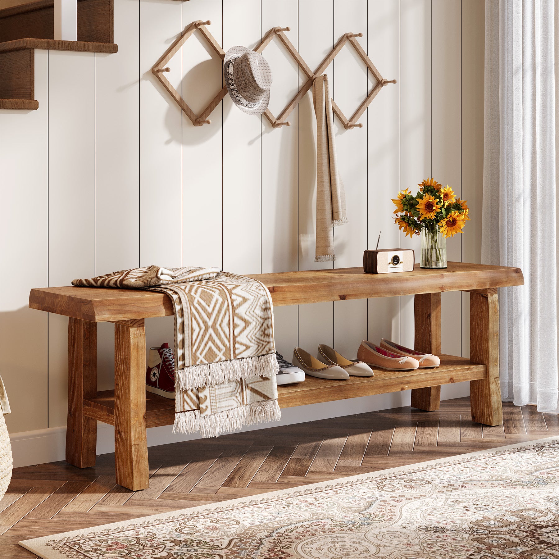 55" Shoe Bench, Solid Wood Entryway Bench End of Bed Stool with Lower Shelf