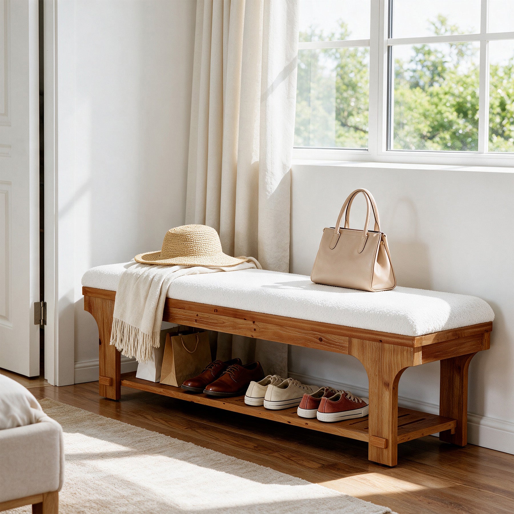 59" End of Bed Bench with Boucle Cushion & Storage Shelf, Rustic Solid Wood, Bedroom Hallway