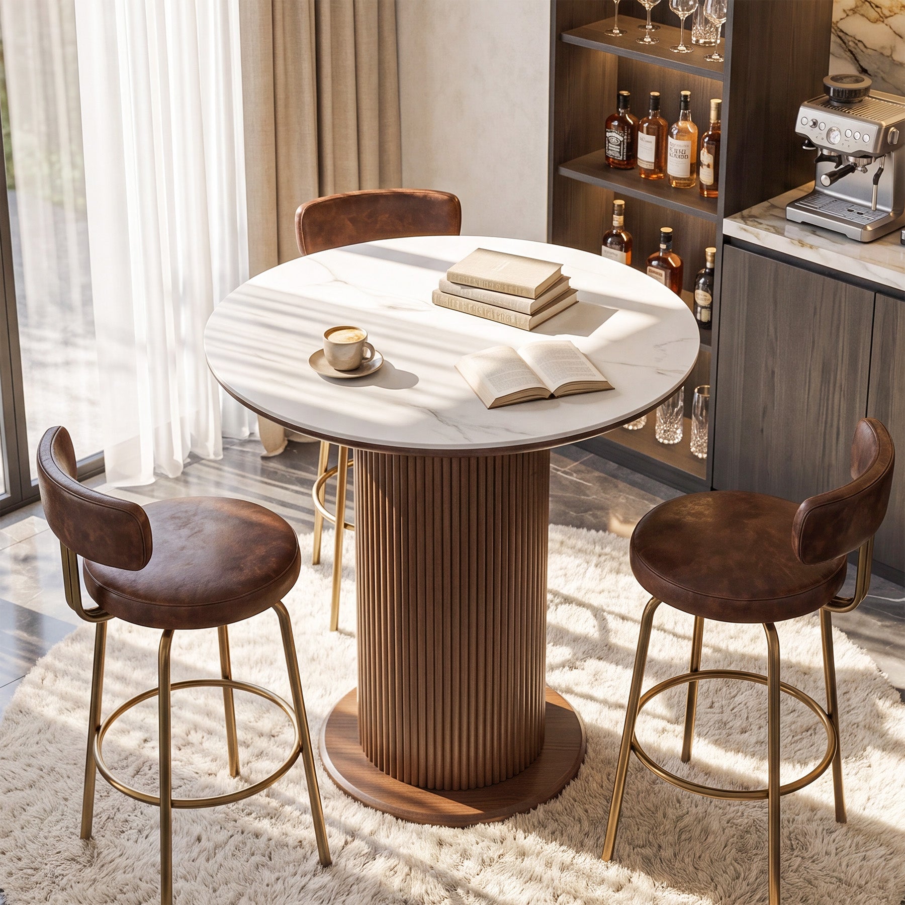 31.5" Round Dining Table, Marble Kitchen Table with Sintered Stone Tabletop & Solid Wood Pedestal