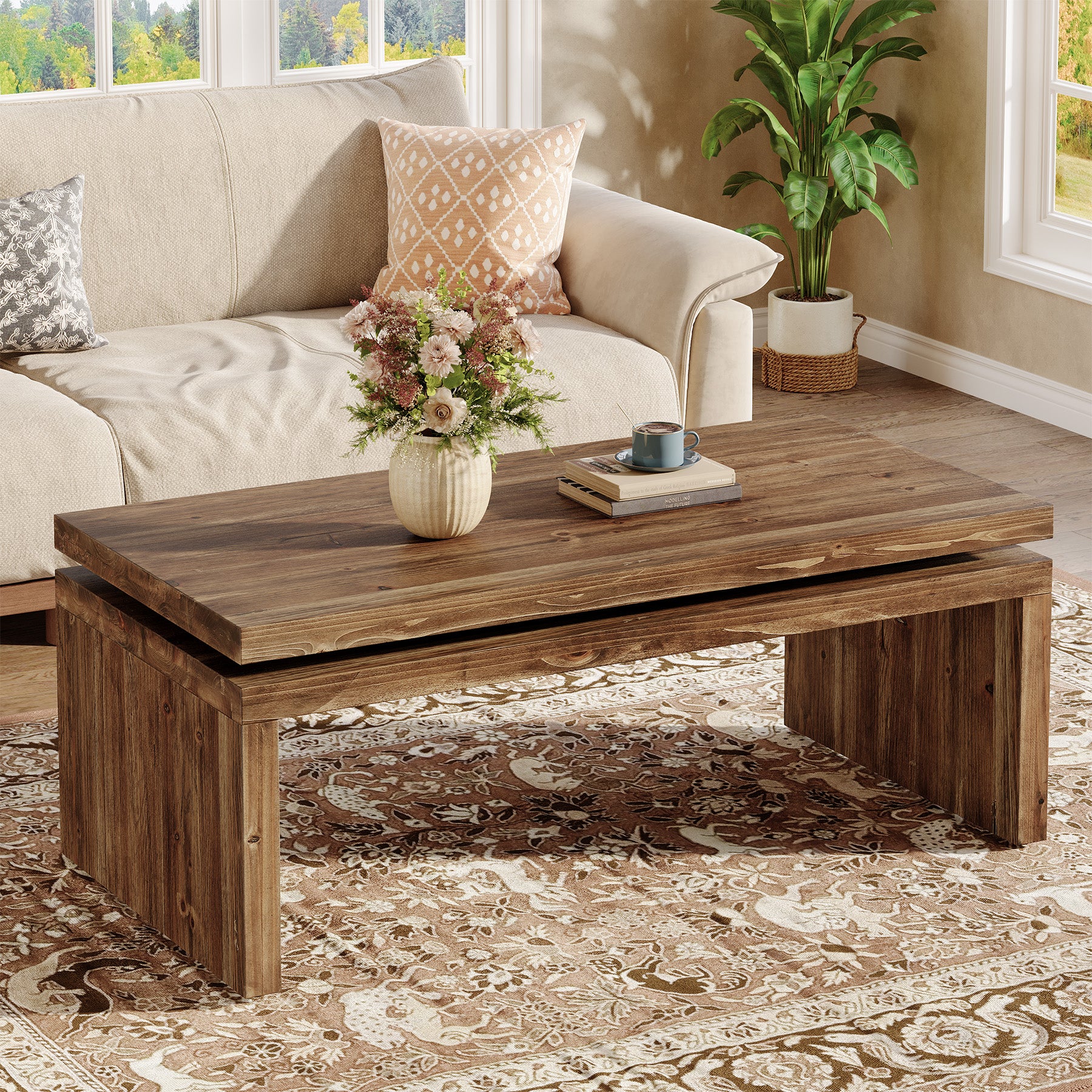 47" Solid Wood Coffee Table, Farmhouse Rectangle Cocktail Table with Thick Tabletop for Living Room