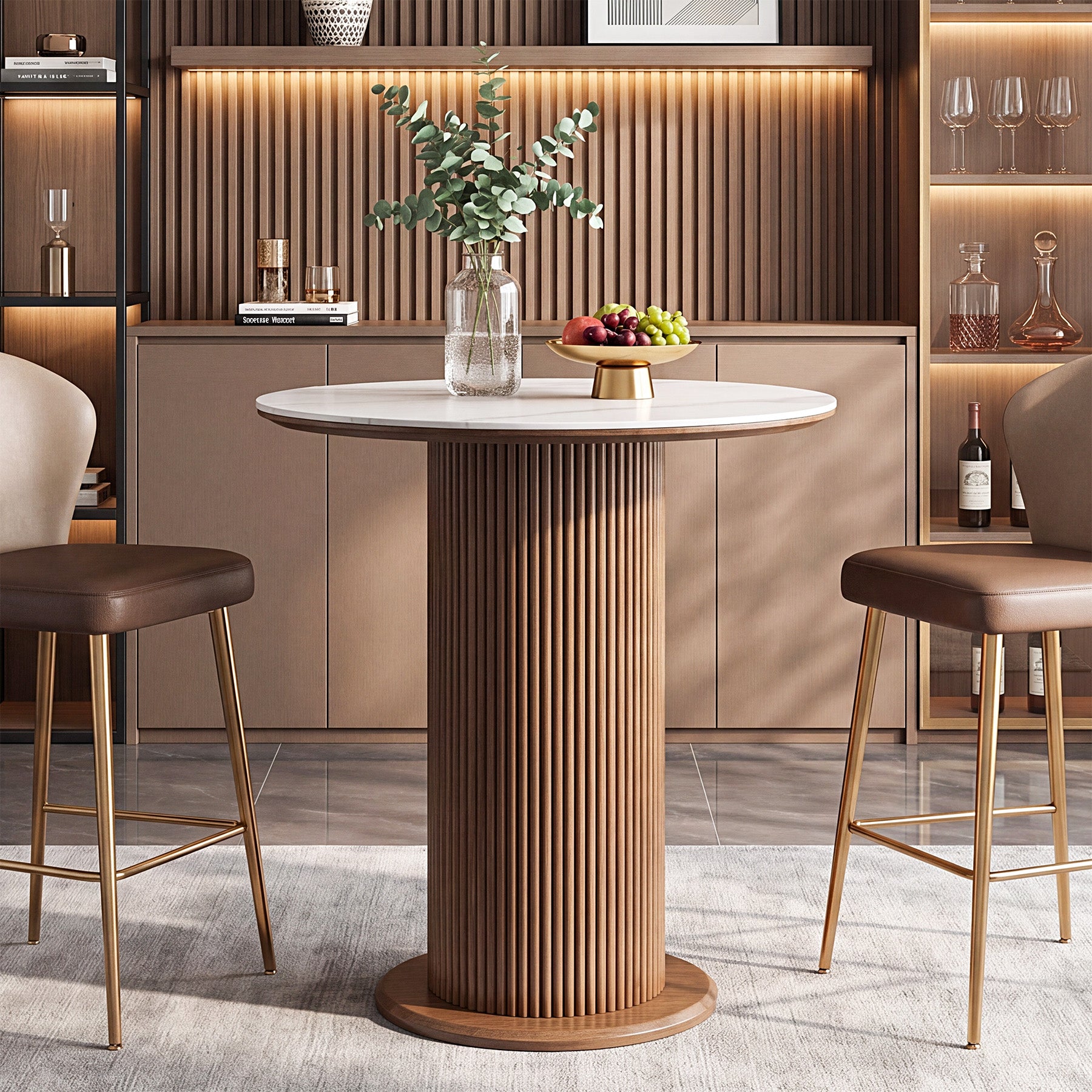 31.5" Round Bar Table, Marble Pub Table with Fluted Solid Wood Pedestal Base for 2