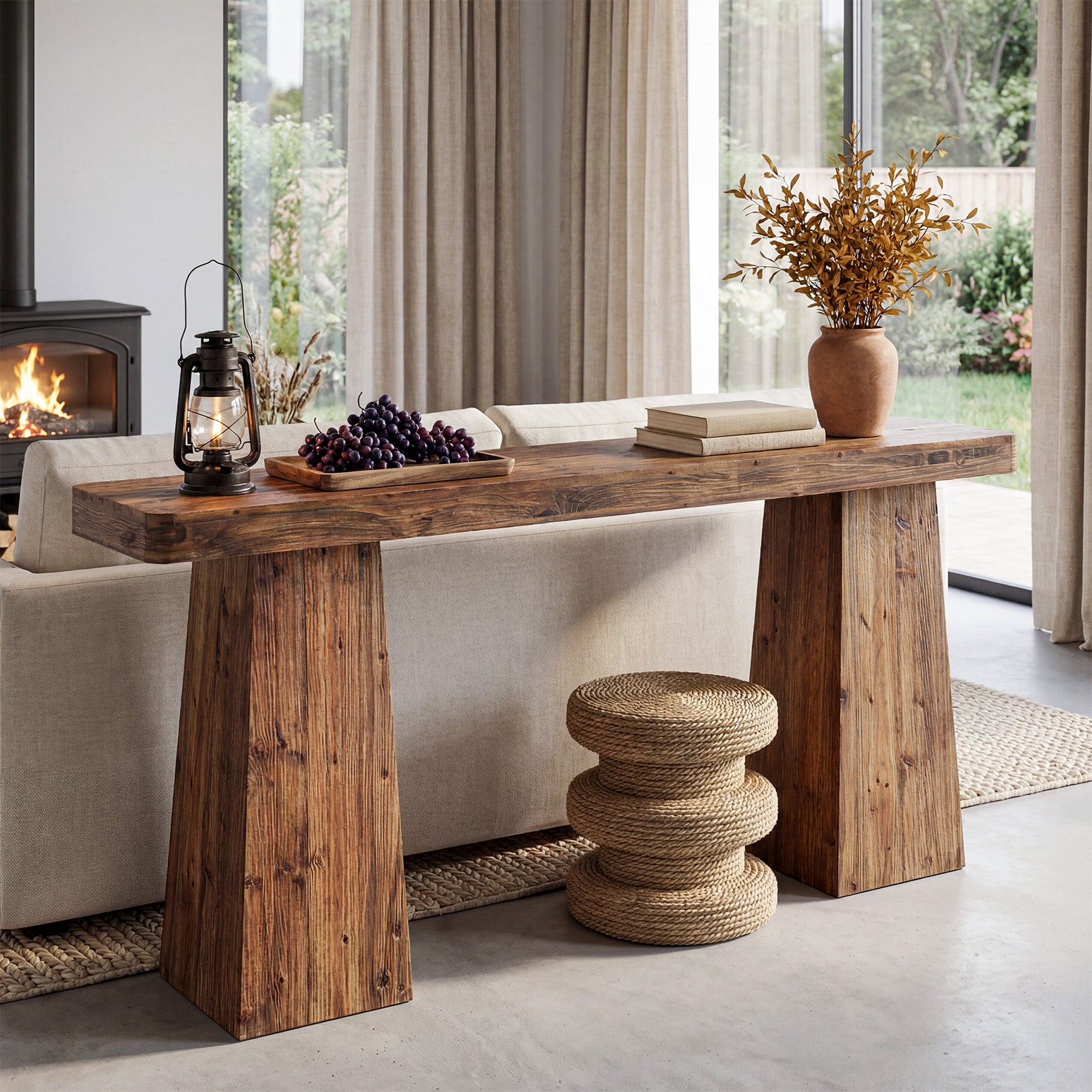 63" Farmhouse Console Table, Solid Wood Sofa Table Behind Couch with Extra-wide Legs
