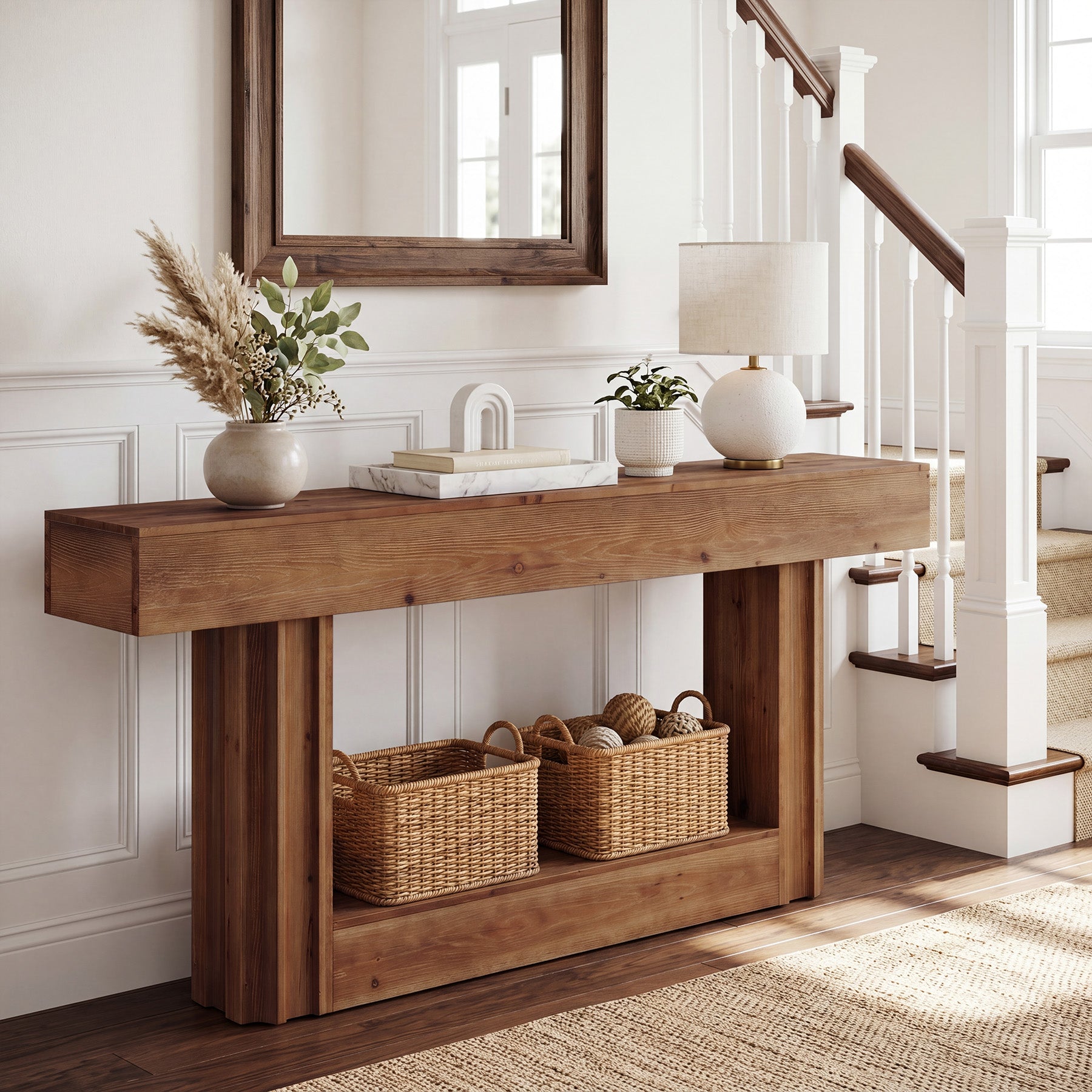 63" Solid Wood Console Table, 2-Tier Farmhouse Sofa Entryway Table with Shelf