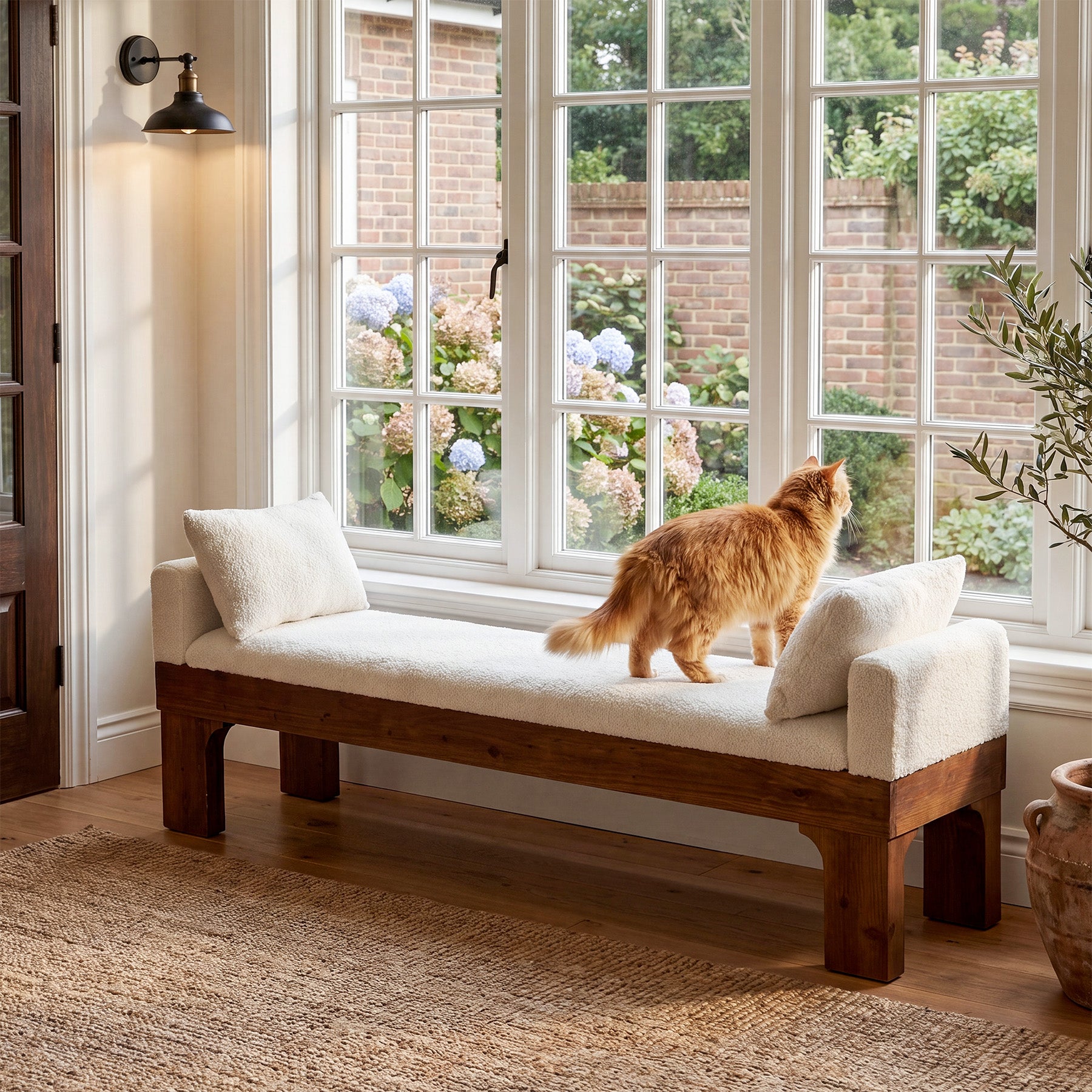 63" Upholstered End of Bed Bench, Boucle Bedroom Bench King Size with Solid Wood Frame