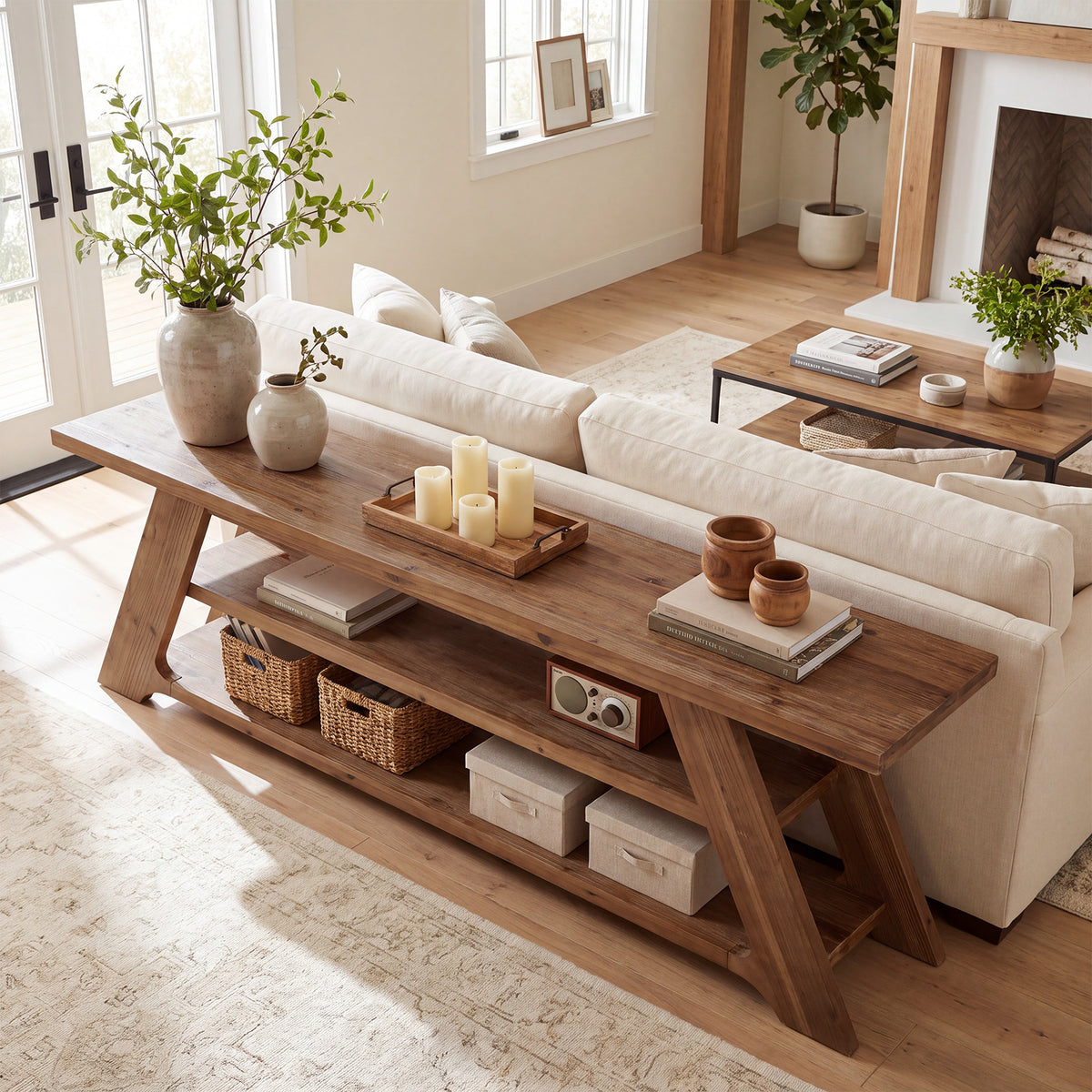 70.87" Solid Wood Console Table, 3-Tier Entryway Table Sofa Table for Living Room