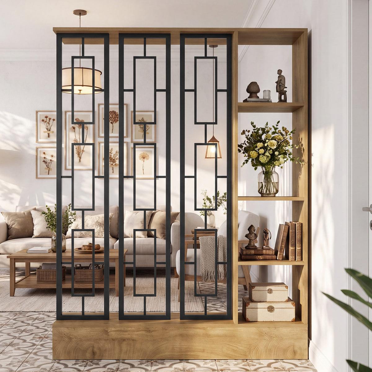 71" Room Divider with Shelves, Freestanding Living Room Storage Partition