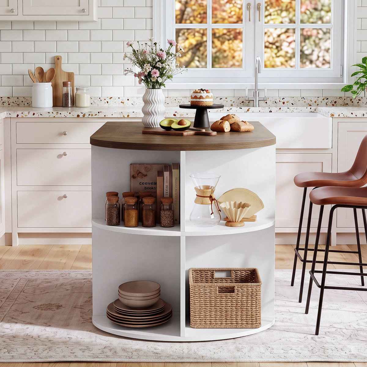 63" Oval Kitchen Island with Storage, Two-Tone Arch Design Bar Table, Prep Table