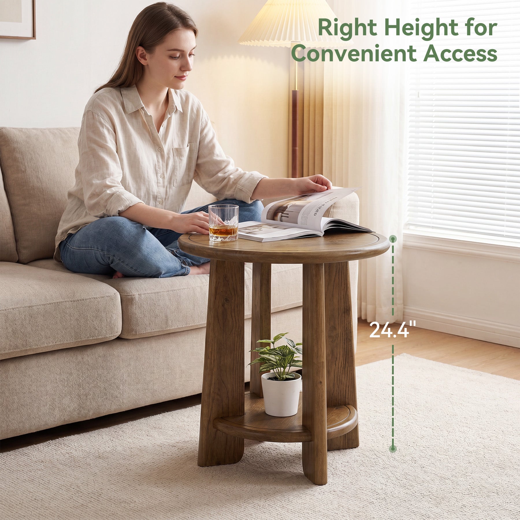 Round Solid Wood End Table, 2-Tier Side Table Nightstand with Shelf for Small Space