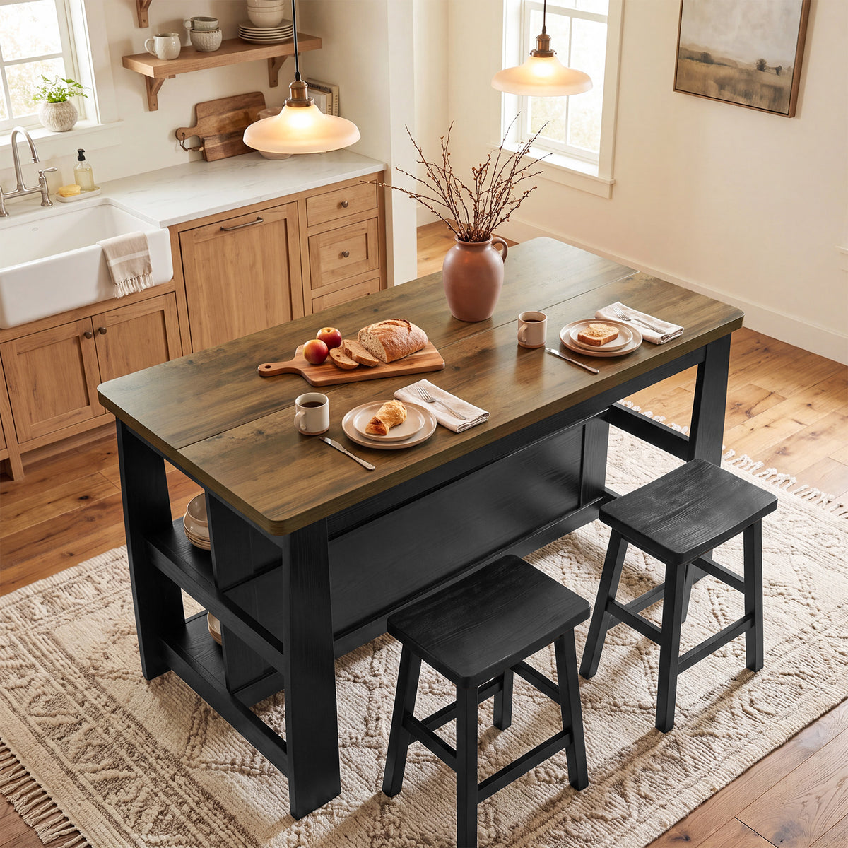 55" Farmhouse Wooden Kitchen Island with Seating Space & 2-Tier Open Storage