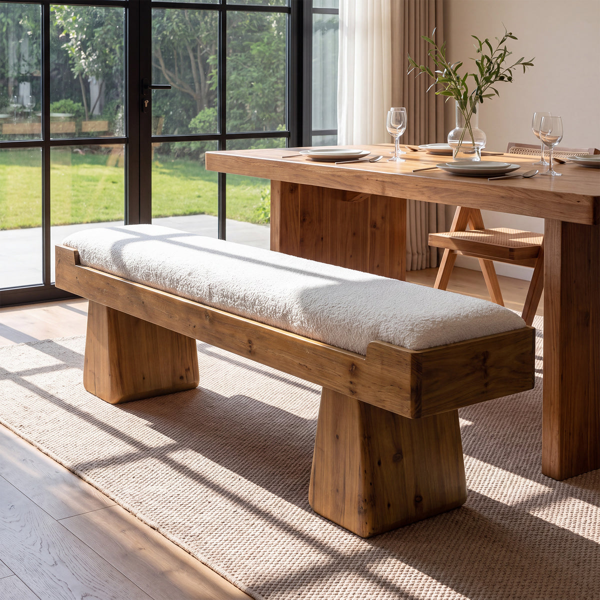 55" Upholstered Dining Bench, Solid Wood Kitchen Bench with Cushion