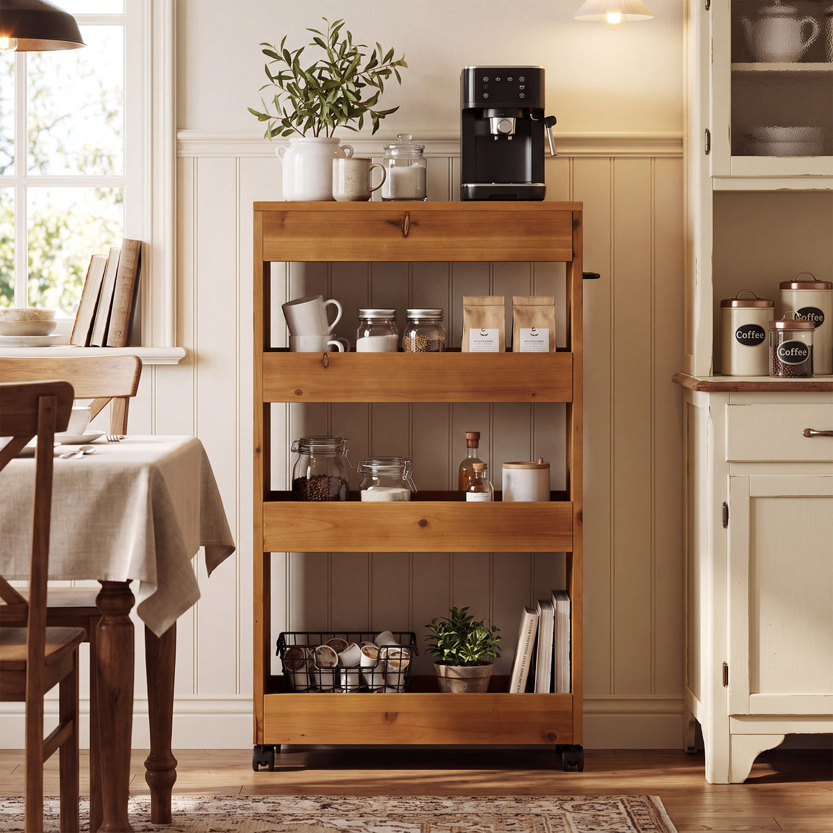 Solid Wood Kitchen Cart, Rolling Kitchen Trolley with 4-Tier Storage for Small Spaces