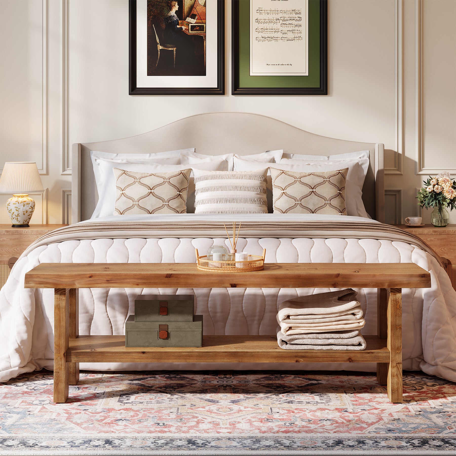 Solid Wood Dining Bench, 55" Farmhouse Kitchen Bench with Storage