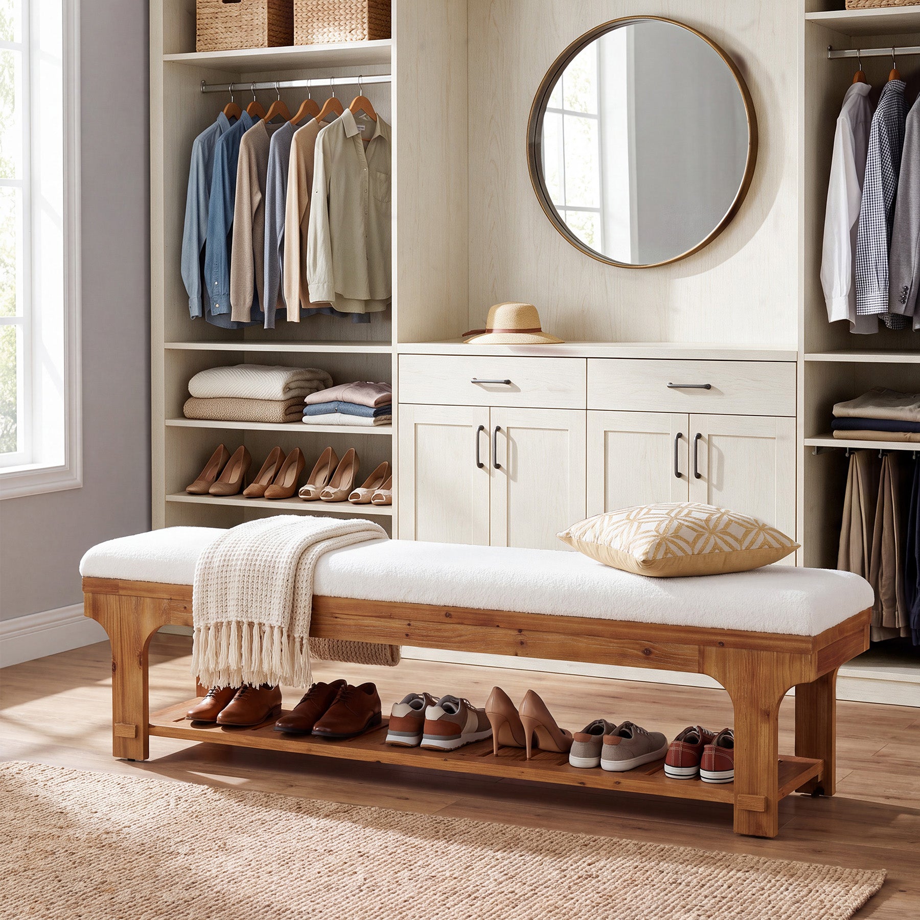 59" Entryway Bench with Boucle Cushion, Slatted Storage Shelf, Rustic Solid Wood, Hallway