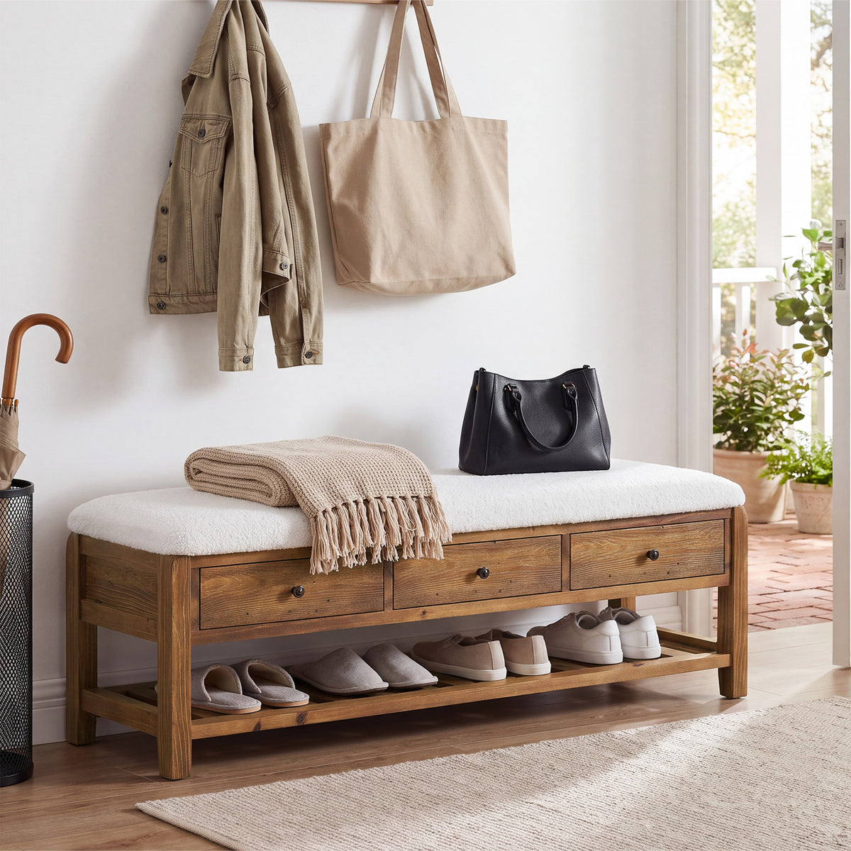 55" Solid Wood Entryway Bench with Cushion, 3 Drawers & Slatted Lower Shelf for Bedroom, Hallway