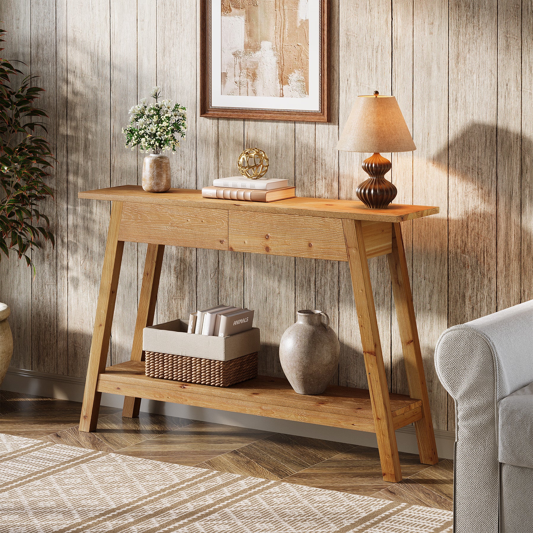 43.3" Solid Wood Console Table with 2 Drawers, Narrow Entryway Sofa Table with Shelf Storage