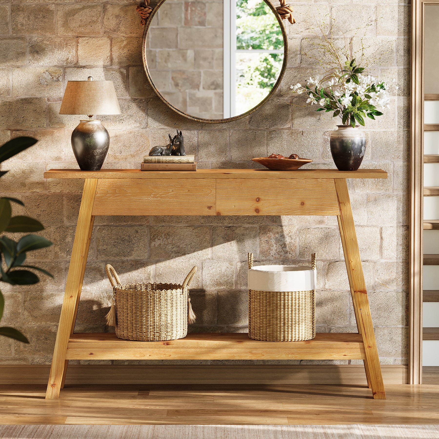 43.3" Solid Wood Console Table with 2 Drawers, Narrow Entryway Sofa Table with Shelf Storage
