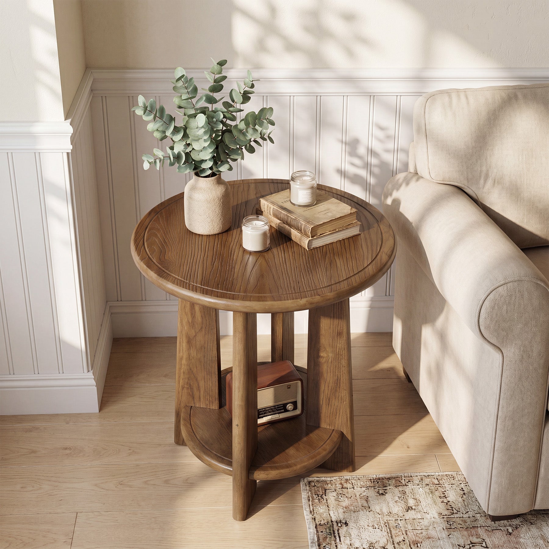 Round Solid Wood End Table, 2-Tier Side Table Nightstand with Shelf for Small Space