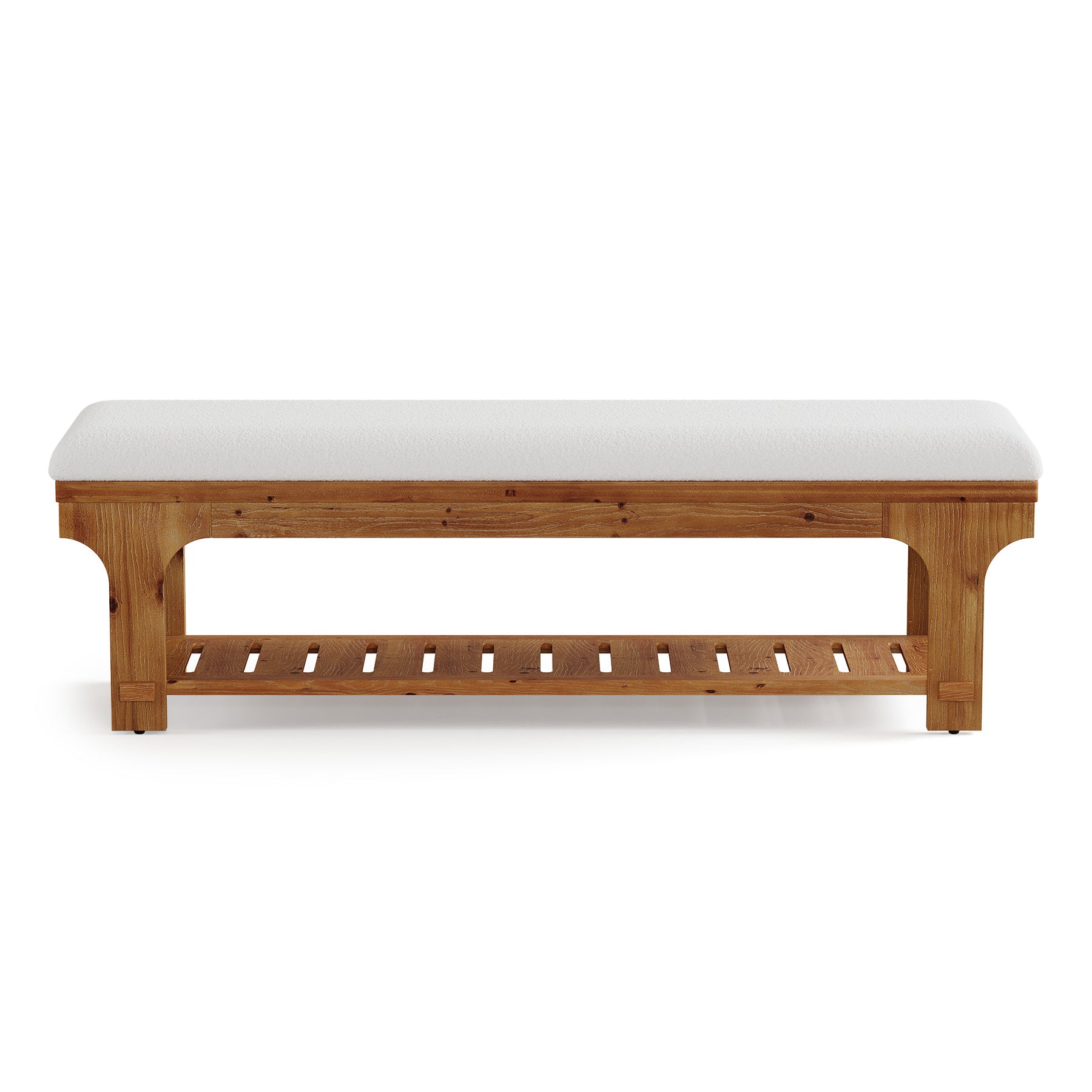 59" Entryway Bench with Boucle Cushion, Slatted Storage Shelf, Rustic Solid Wood, Hallway