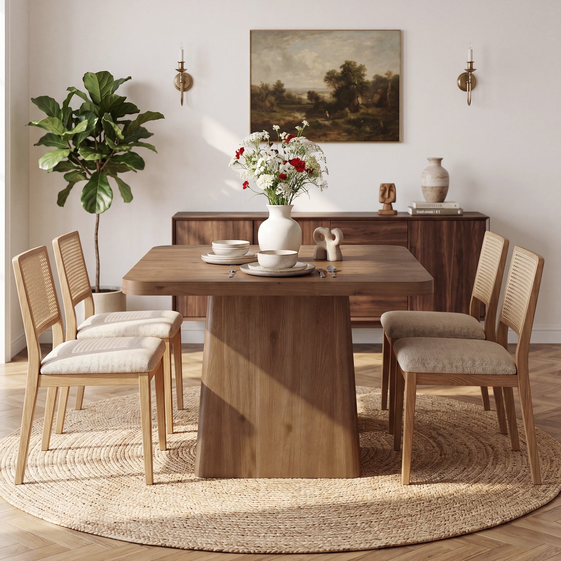 39" Square Solid Wood Dining Table for 2-4 People,  Modern Kitchen Table with Pedestal Base (Only Table)