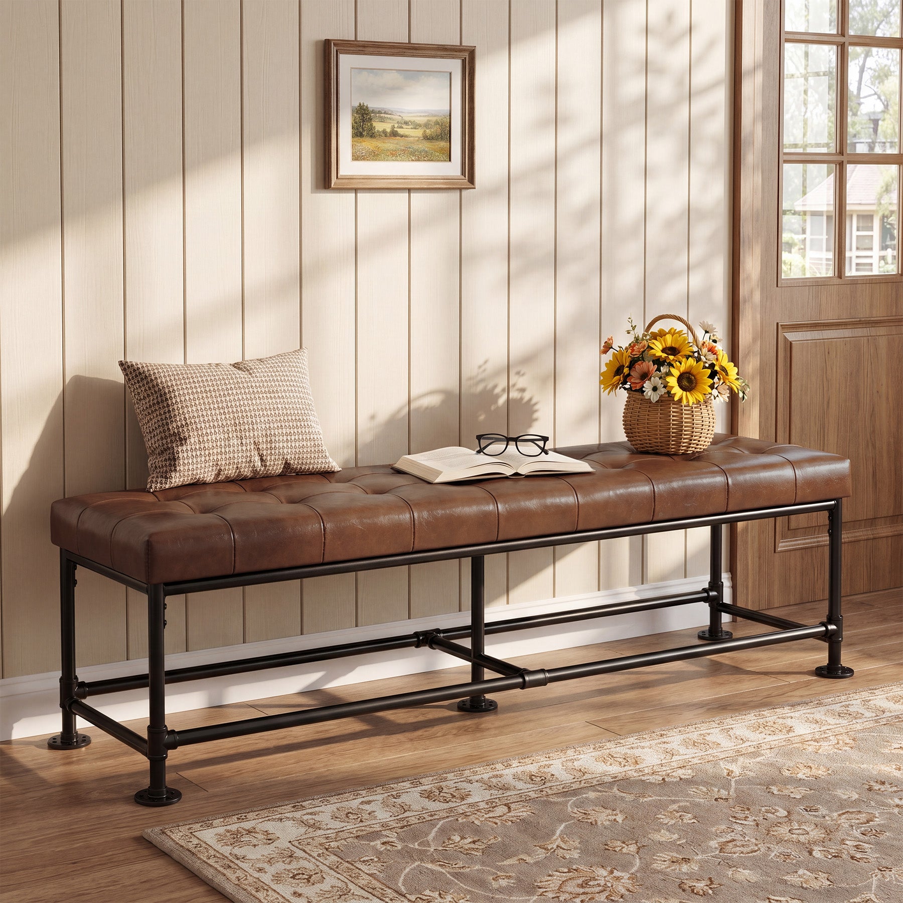 63" Upholstered Entryway Bench with Faux Leather Cushion, Industrial Shoe Bench for Hallway, Foyer & Living Room