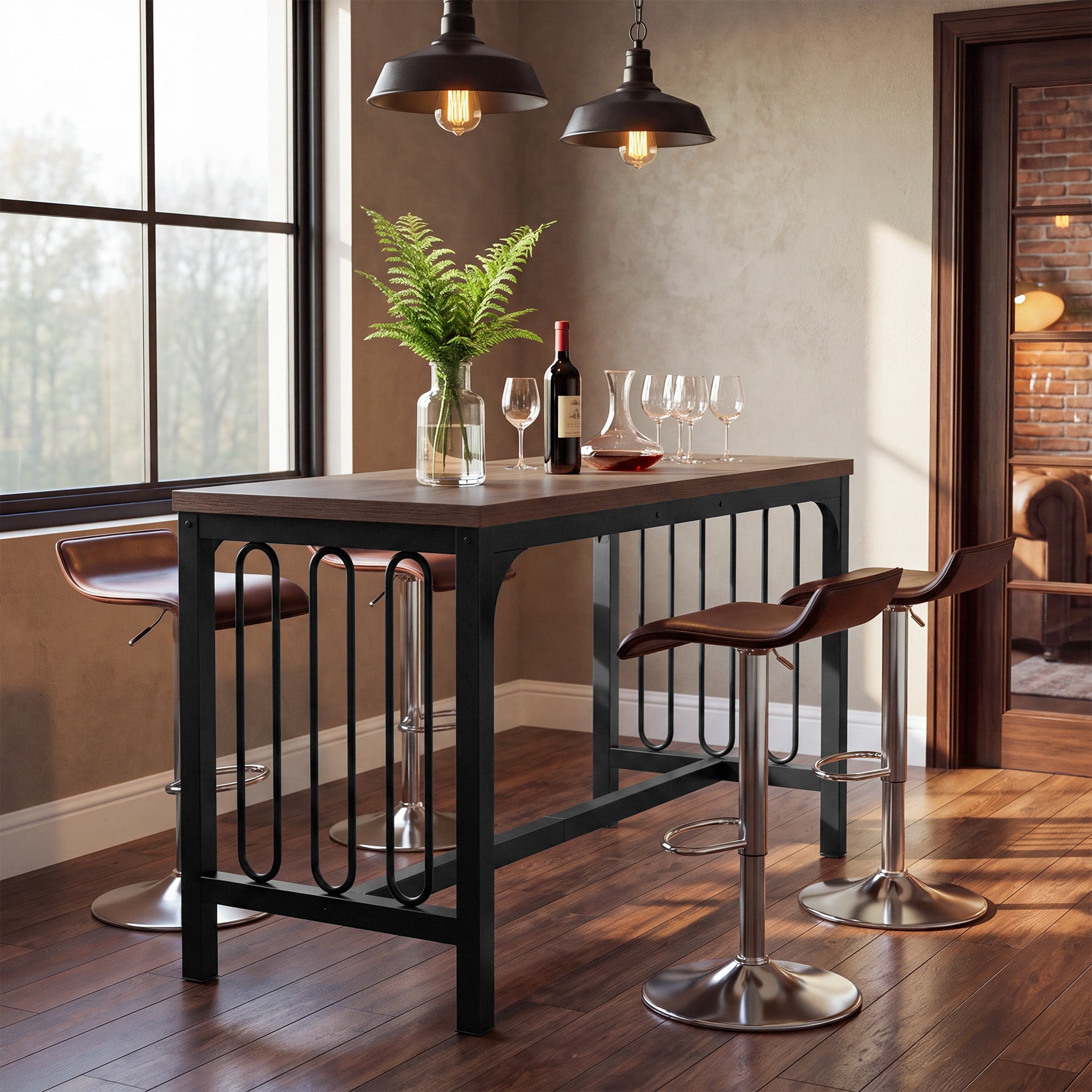63" Bar Table, Industrial Counter-Height Pub Table with Metal Frame for Home Bar