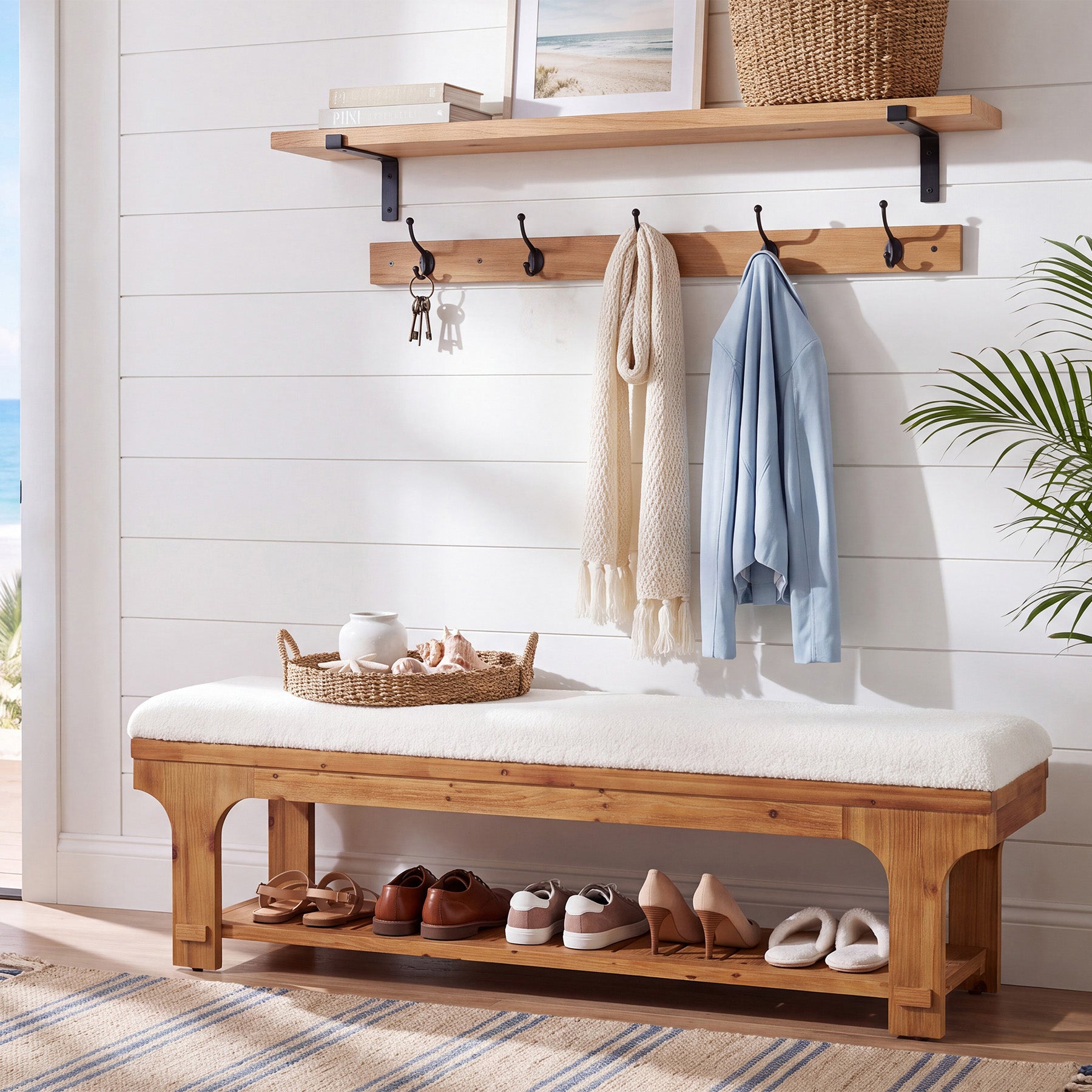 59" Entryway Bench with Boucle Cushion, Slatted Storage Shelf, Rustic Solid Wood, Hallway