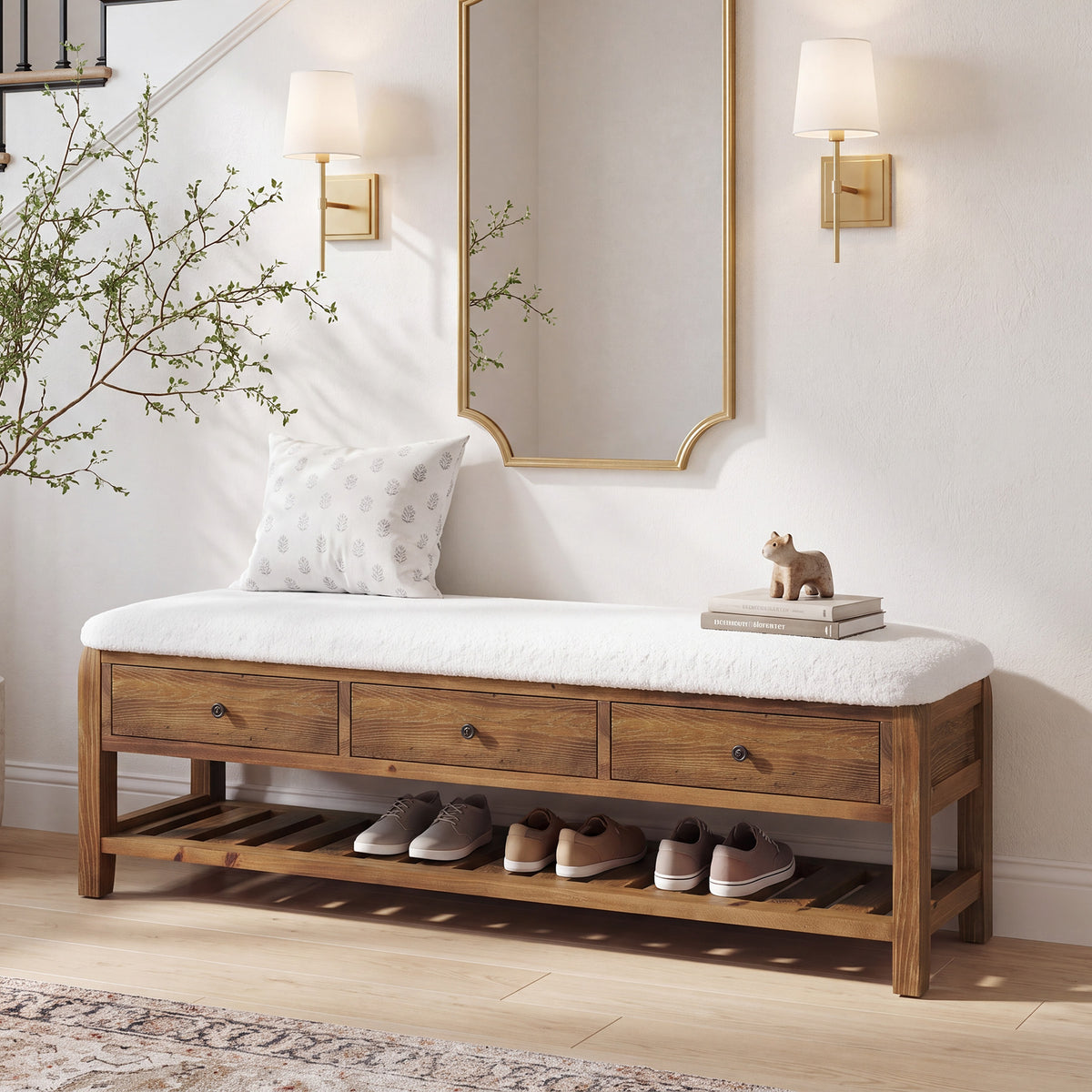 55" Solid Wood Entryway Bench with Cushion, 3 Drawers & Slatted Lower Shelf for Bedroom, Hallway